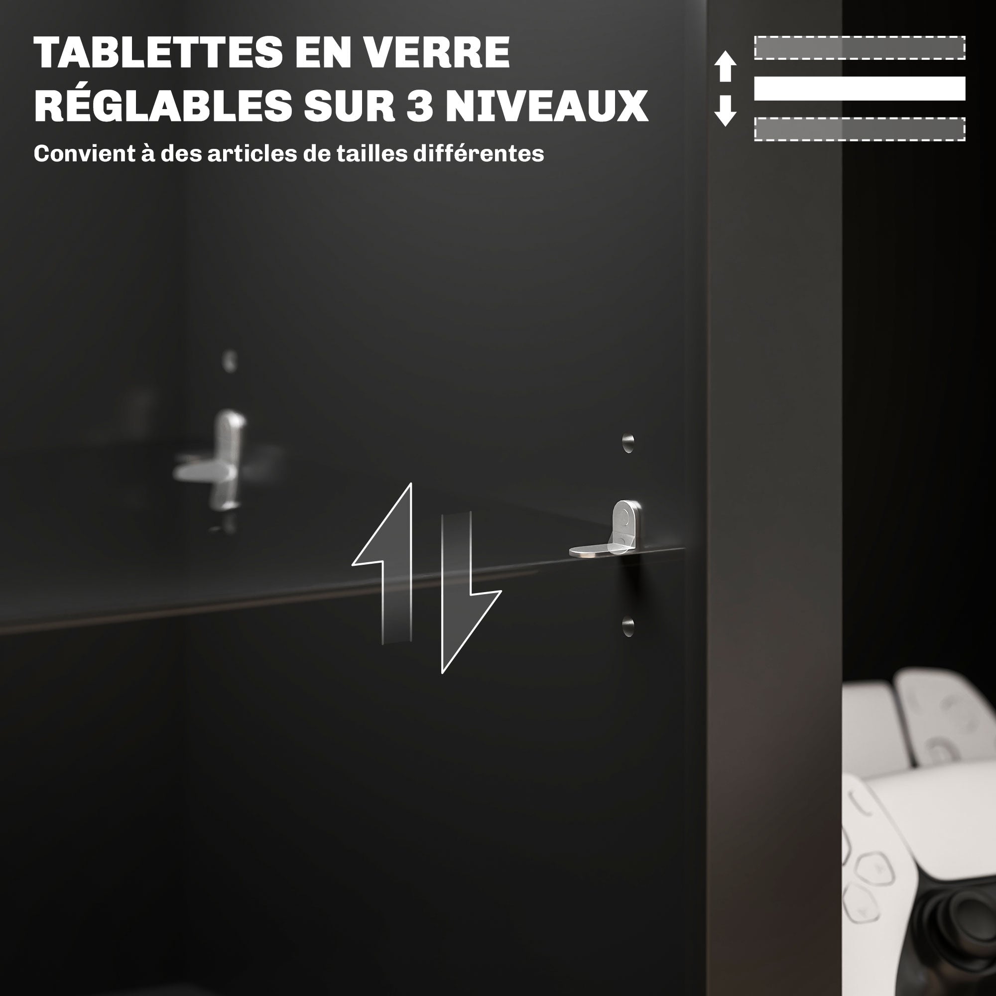 Meuble TV LED RGB meuble télé bois banc TV jusqu'à 65 pouces avec étagères en verre réglables, 5 niches, passe-câbles et télécommande pour salon, chambre à coucher, dim. 160 x 35 x 53 cm, noir