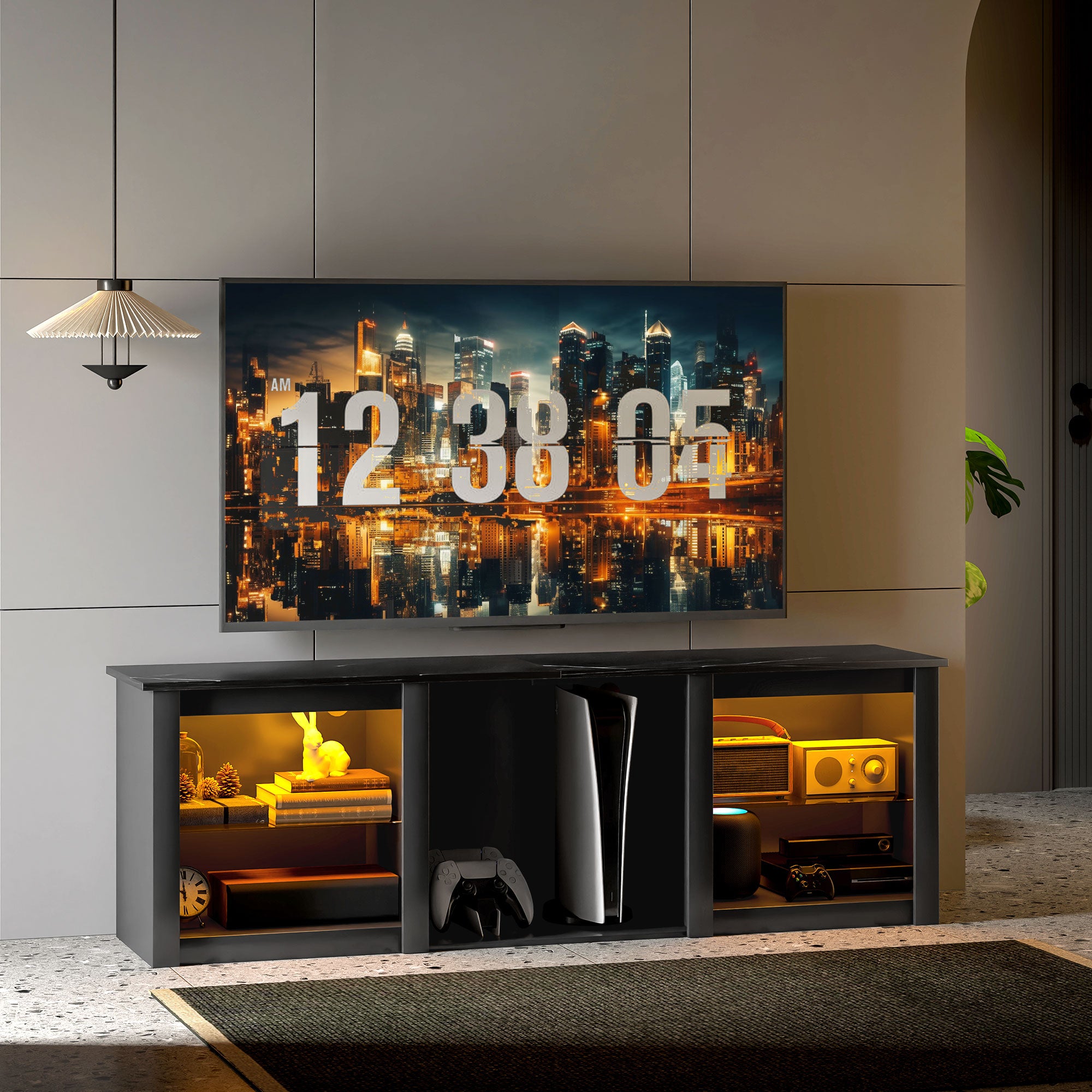 Meuble TV LED RGB meuble télé bois banc TV jusqu'à 65 pouces avec étagères en verre réglables, 5 niches, passe-câbles et télécommande pour salon, chambre à coucher, dim. 160 x 35 x 53 cm, noir