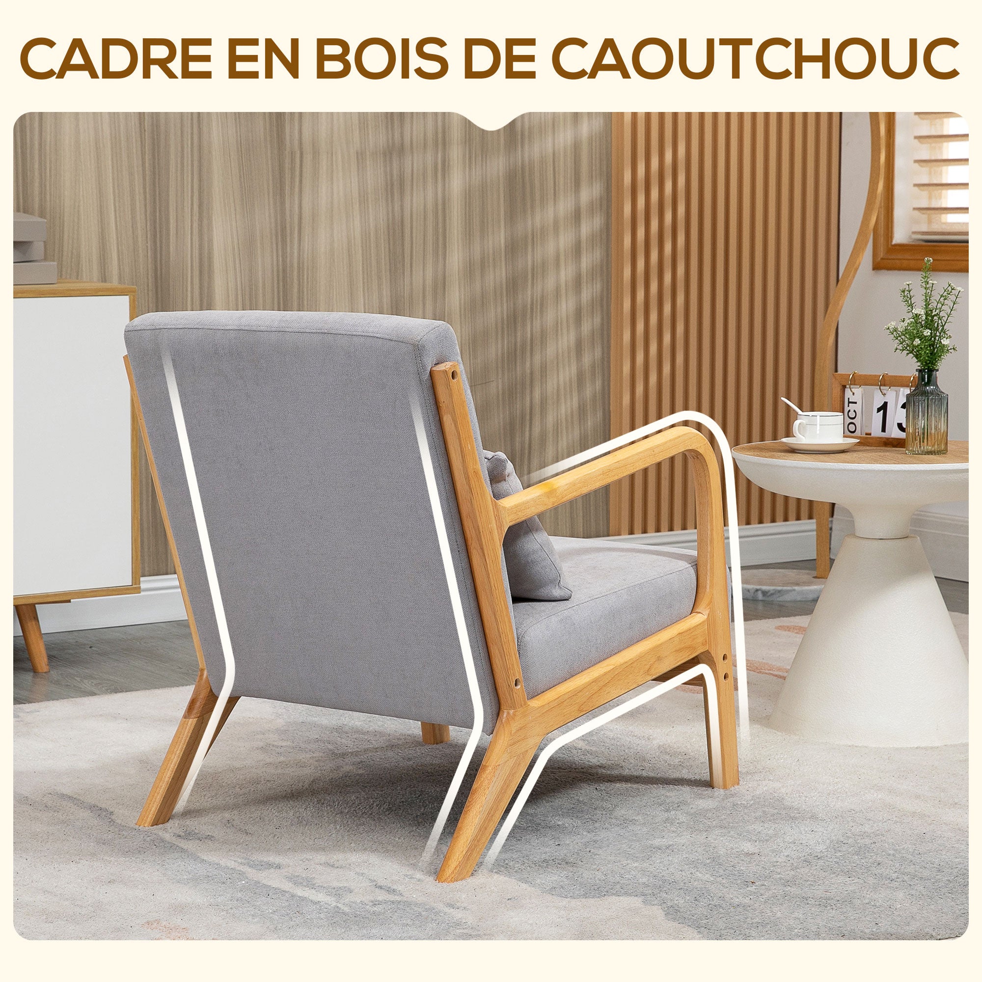 Fauteuil de salon avec cadre en bois massif fauteuil lounge - assise profonde - accoudoirs - aspect velours gris