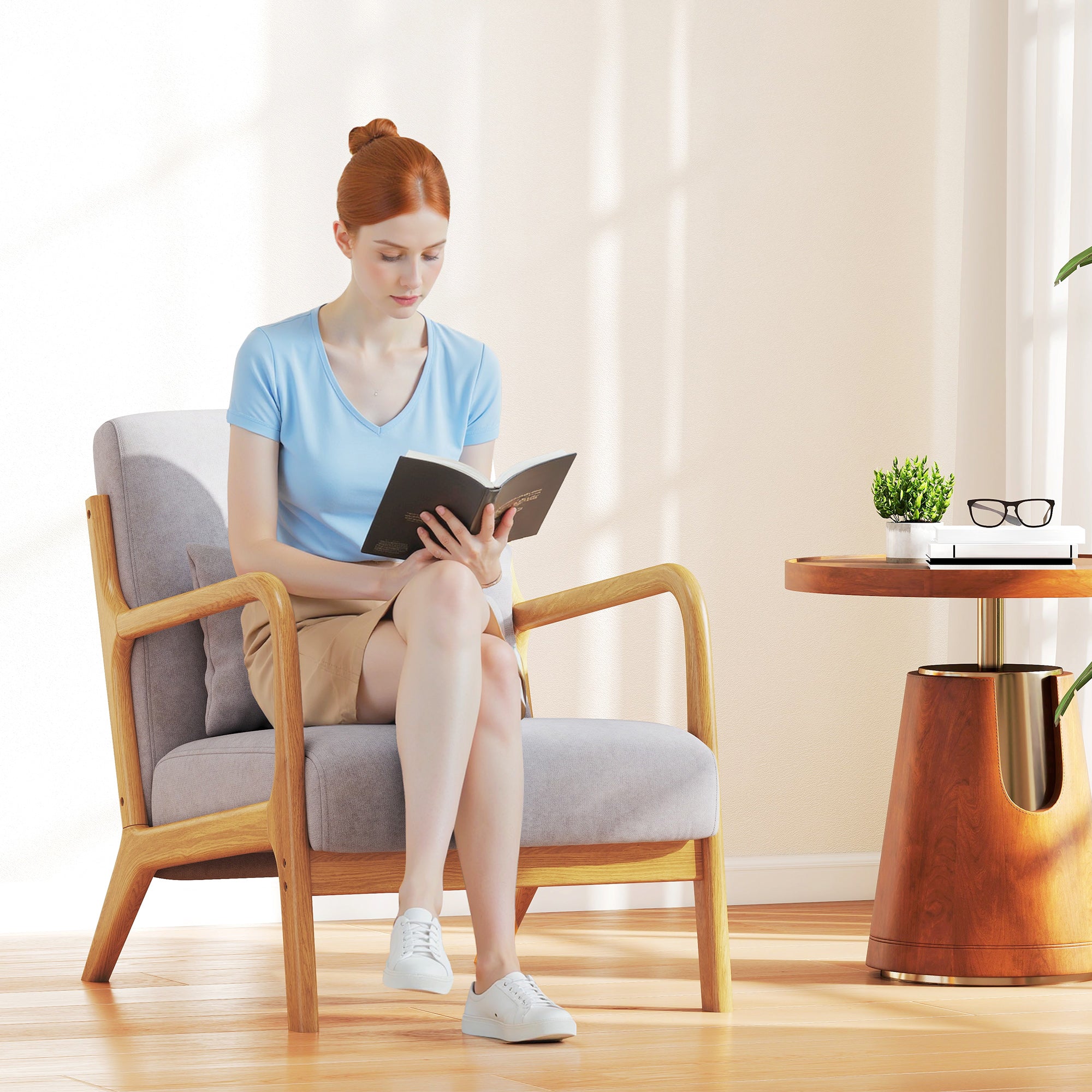 Fauteuil de salon avec cadre en bois massif fauteuil lounge - assise profonde - accoudoirs - aspect velours gris