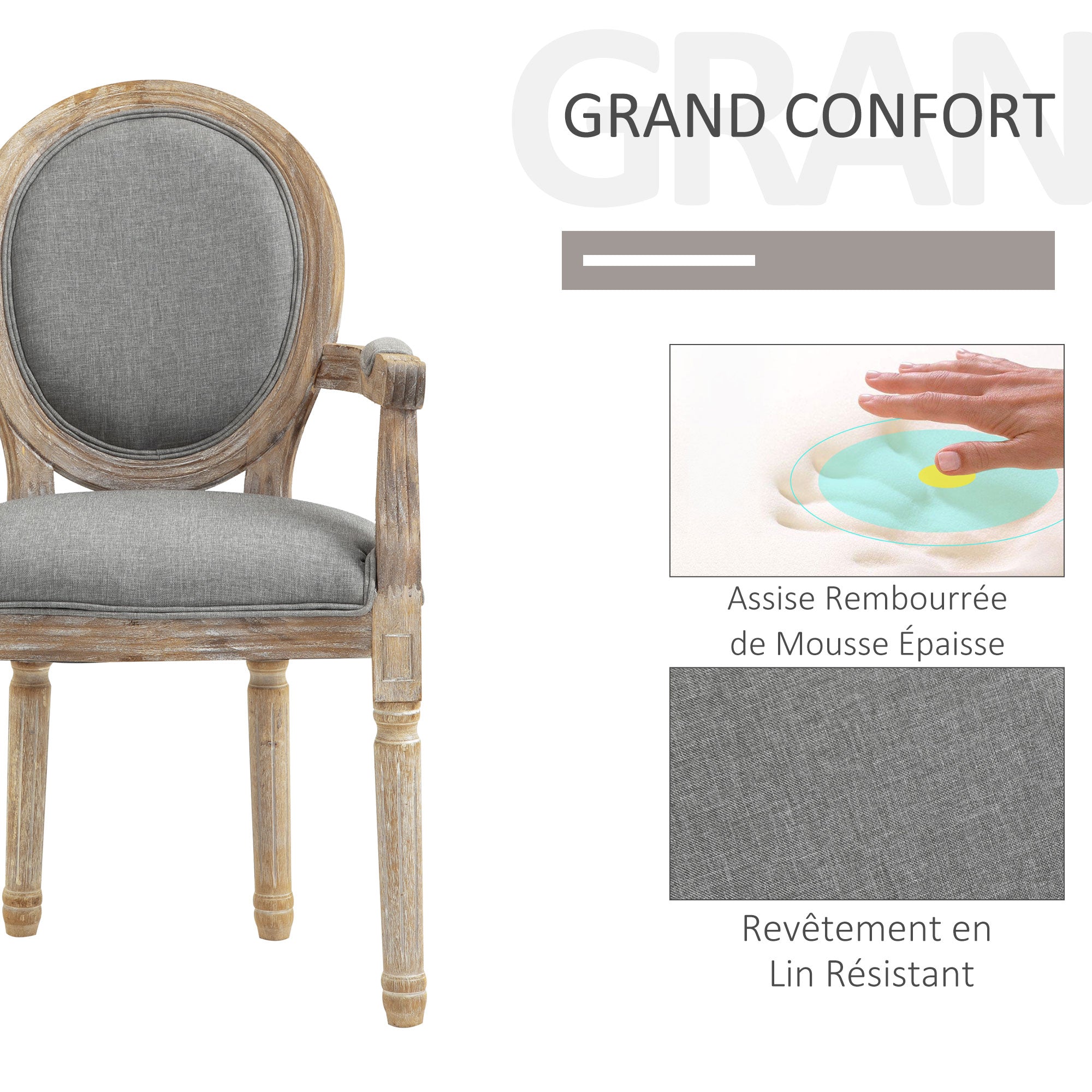Chaise de Salle à Manger Chaise de Salon médaillon Style Louis XVI Bois Massif patiné sculpté Tissu Lin Gris