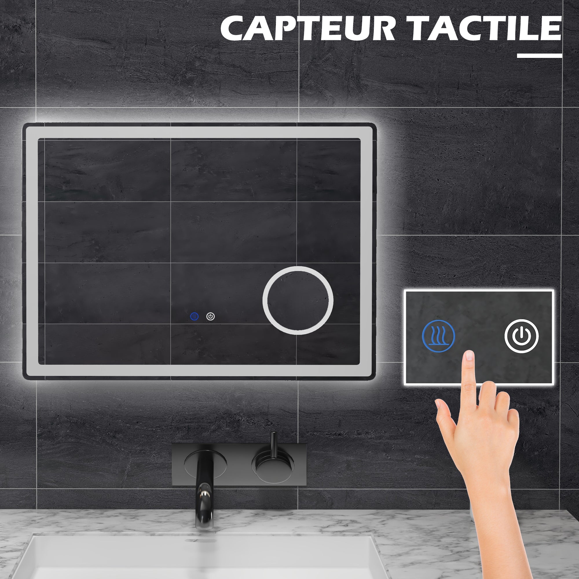 Miroir salle de bain avec éclairage, miroir LED salle de bain, 80 x 60 cm, fonction anti-buée, miroir grossissant x3m, luminosité réglable, fonction mémoire, montage vertical ou horizontal