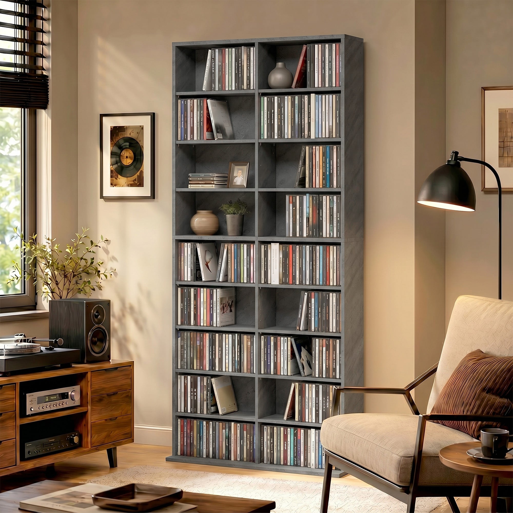 Rangements pour CD et DVD, meuble de rangement multimédia, capacité max. 640 CD/360 DVD et 430 Blu-ray, 18 compartiments 14 étagères réglables, pour salon, chambre, 78,5x24x175cm, gris clair
