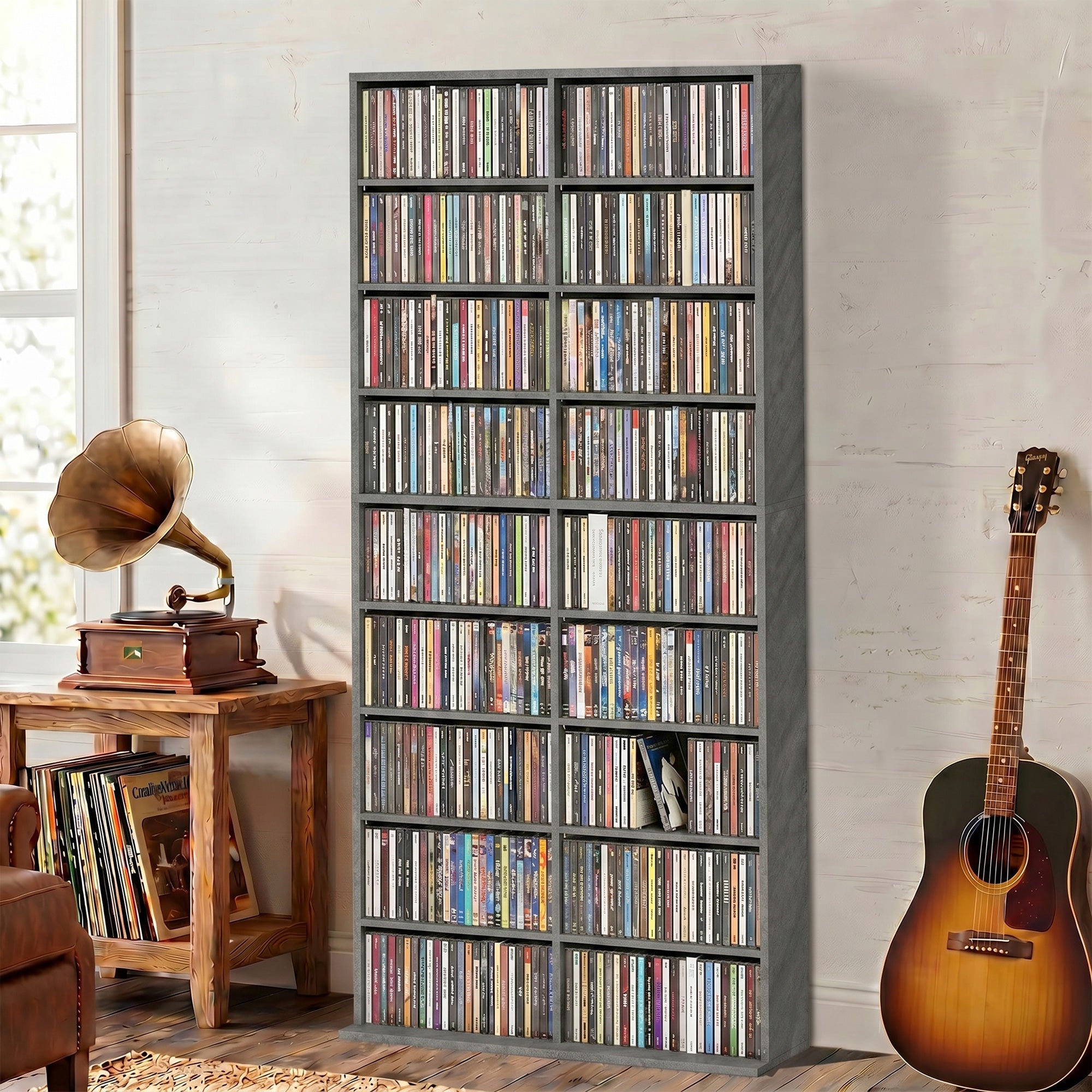 Rangements pour CD et DVD, meuble de rangement multimédia, capacité max. 640 CD/360 DVD et 430 Blu-ray, 18 compartiments 14 étagères réglables, pour salon, chambre, 78,5x24x175cm, gris clair
