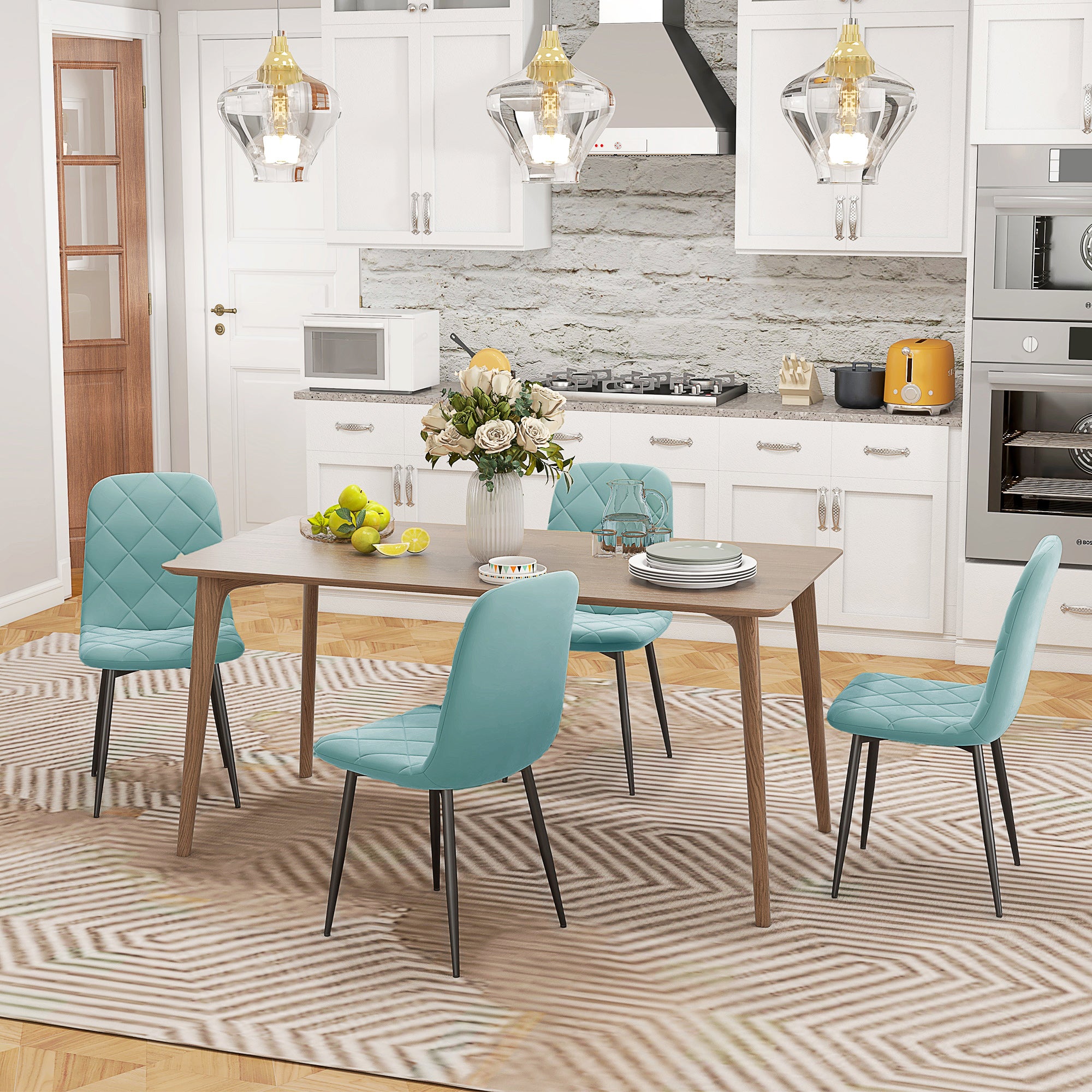 Lot de 4 chaises de salle à manger, chaises de cuisine rembourrées avec dossier haut, pieds en acier et tissu effet velours, pour salon, chambre, cuisine, vert