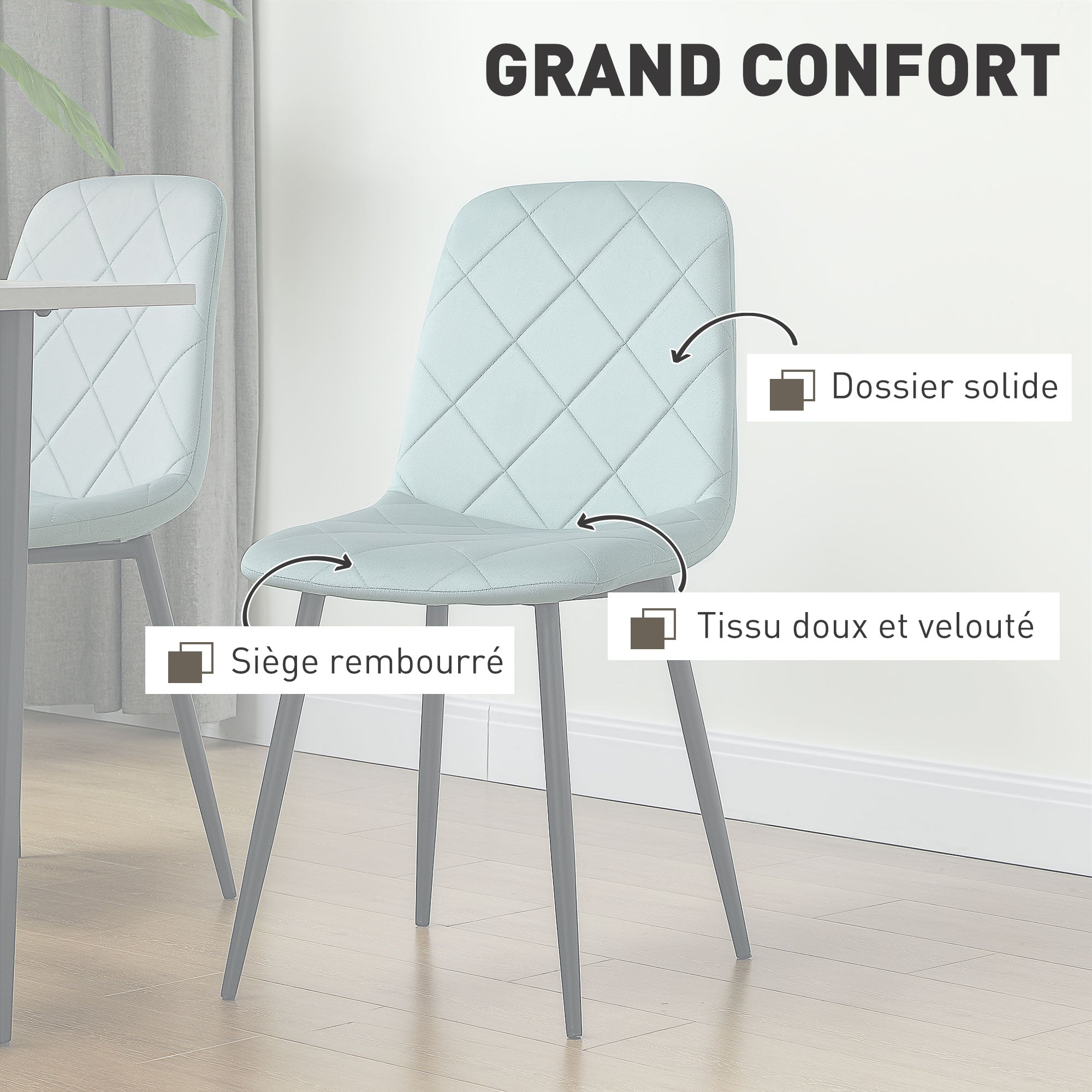 Lot de 4 chaises de salle à manger, chaises de cuisine rembourrées avec dossier haut, pieds en acier et tissu effet velours, pour salon, chambre, cuisine, vert