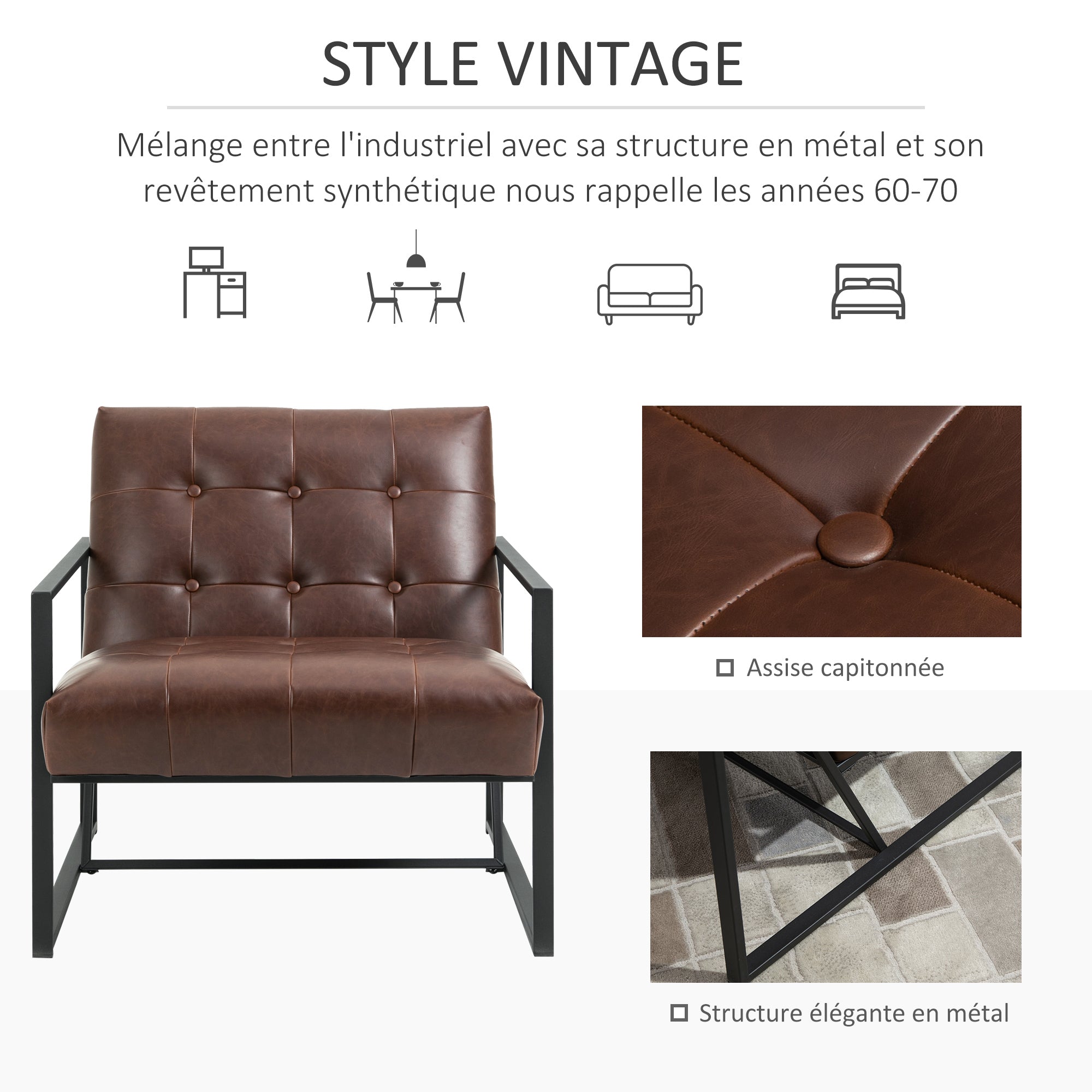 Fauteuil de salon Chesterfield Fauteuil Relax Assise Dossier capitonnés Structure métal Noir revêtement synthétique Chocolat