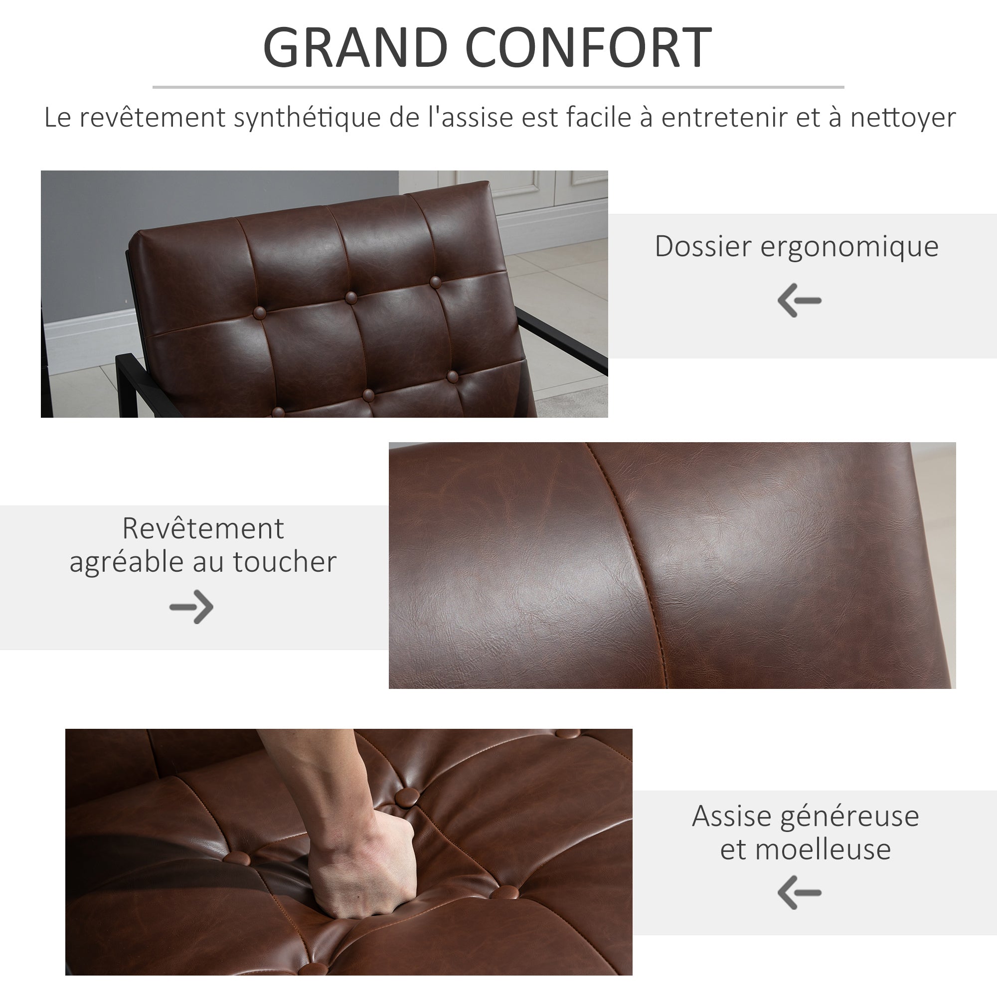 Fauteuil de salon Chesterfield Fauteuil Relax Assise Dossier capitonnés Structure métal Noir revêtement synthétique Chocolat