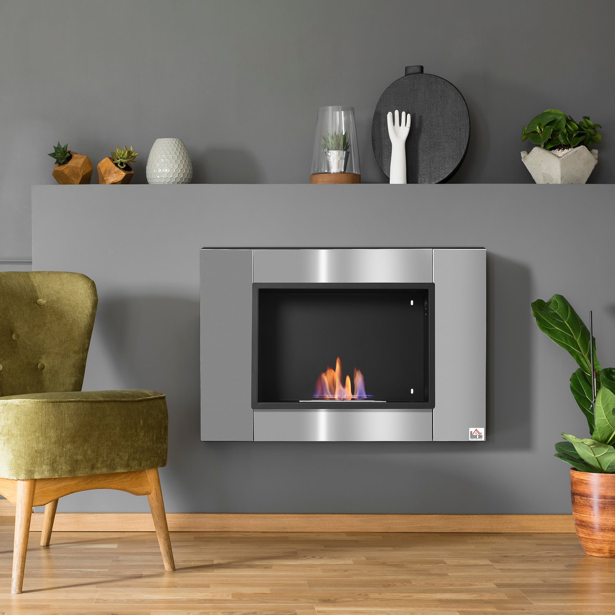 Cheminée bioéthanol Murale encastrable brûleur 0,9 L, environ 3 h de durée de combustion 80L x 14l x 54H cm Couverture 25-30 m² Acier inox