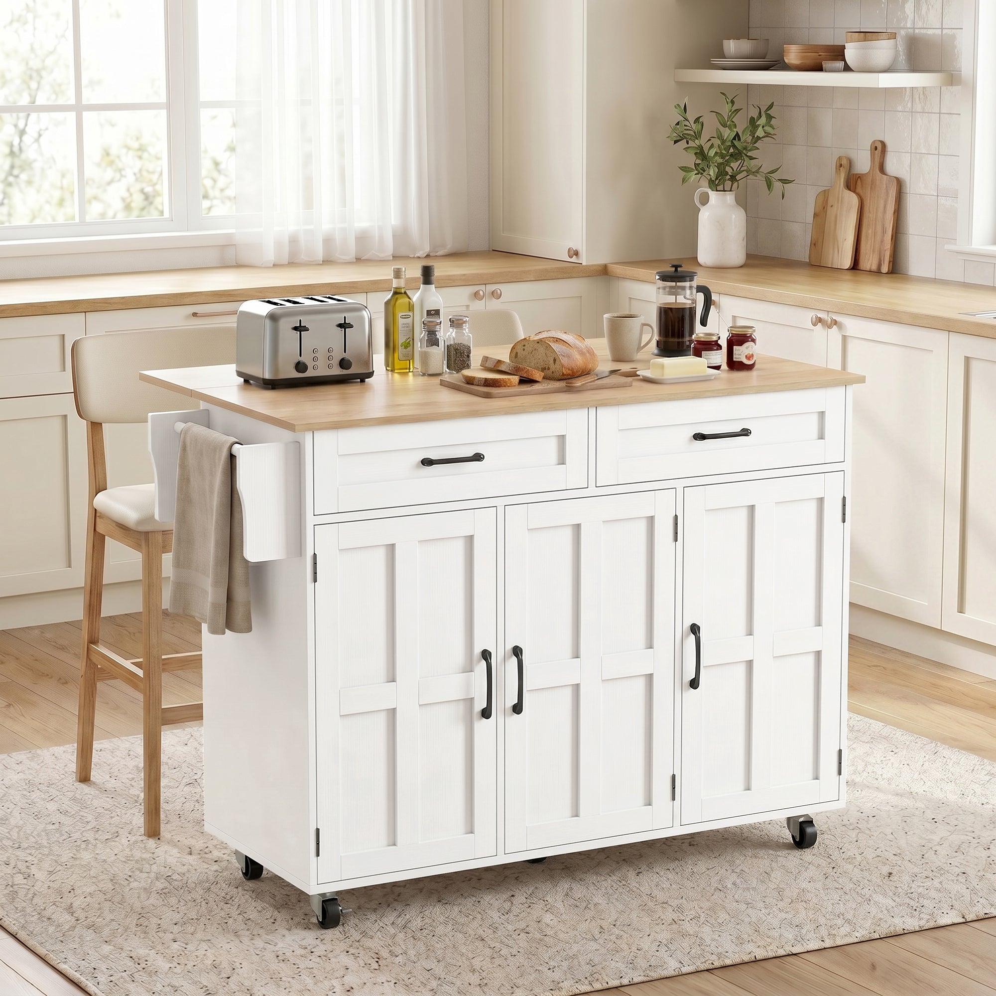 Îlot Central Cuisine avec Plateau Rabattable, Desserte de Cuisine sur Roulettes avec 2 Tiroirs, 3 Portes, Porte-Racks, Porte-Serviettes et Étagère Réglable, 129 x 72 x 90,5 cm, Blanc