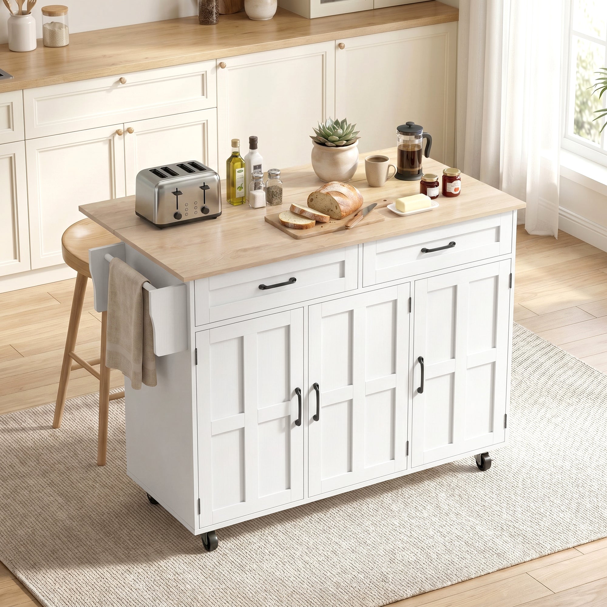 Îlot Central Cuisine avec Plateau Rabattable, Desserte de Cuisine sur Roulettes avec 2 Tiroirs, 3 Portes, Porte-Racks, Porte-Serviettes et Étagère Réglable, 129 x 72 x 90,5 cm, Blanc
