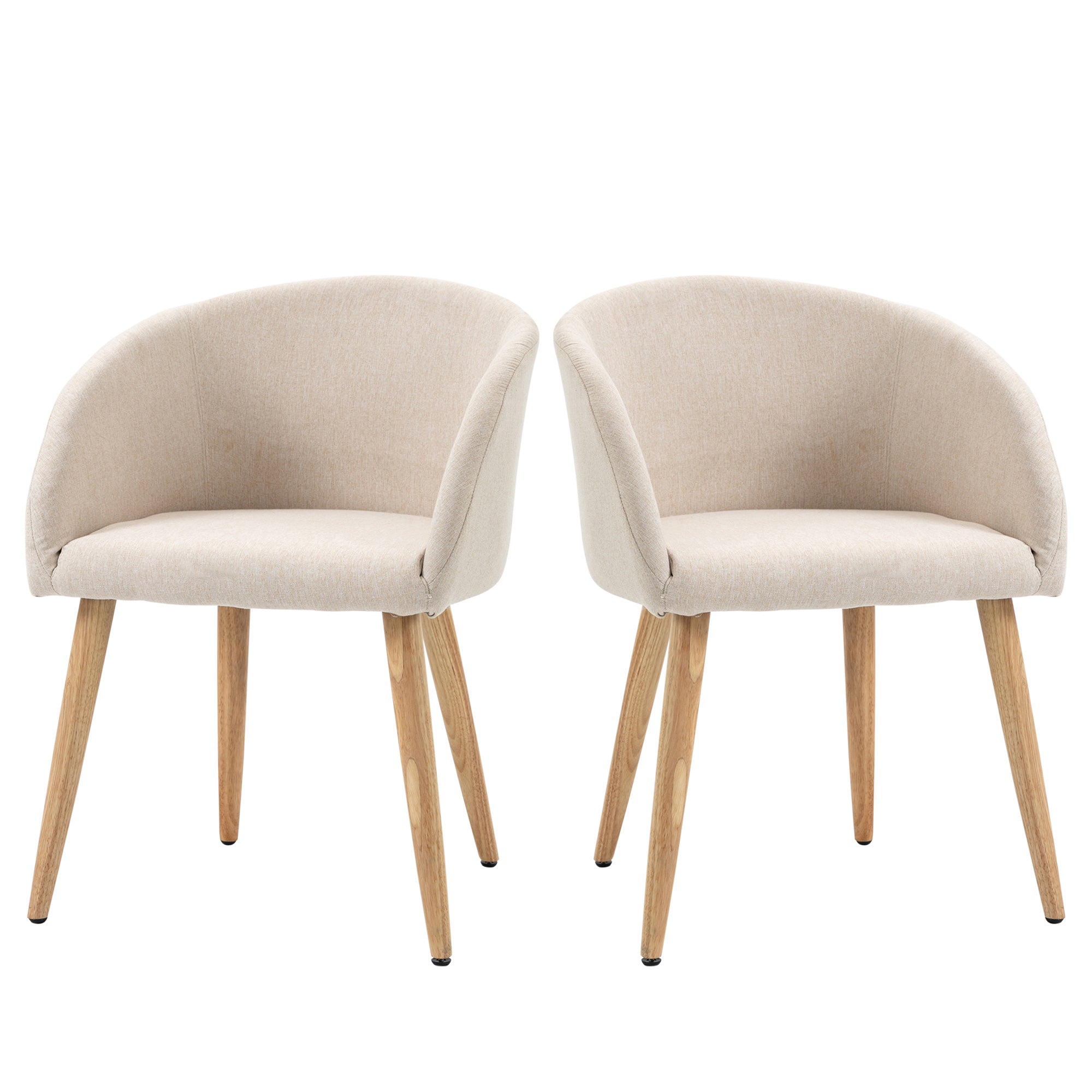Lot de 2 chaises de salle à manger chaise de cuisine Design scandinave - Pieds inclinés effilés Bois Caoutchouc - Assise Dossier accoudoirs ergonomiques Aspect Lin Beige