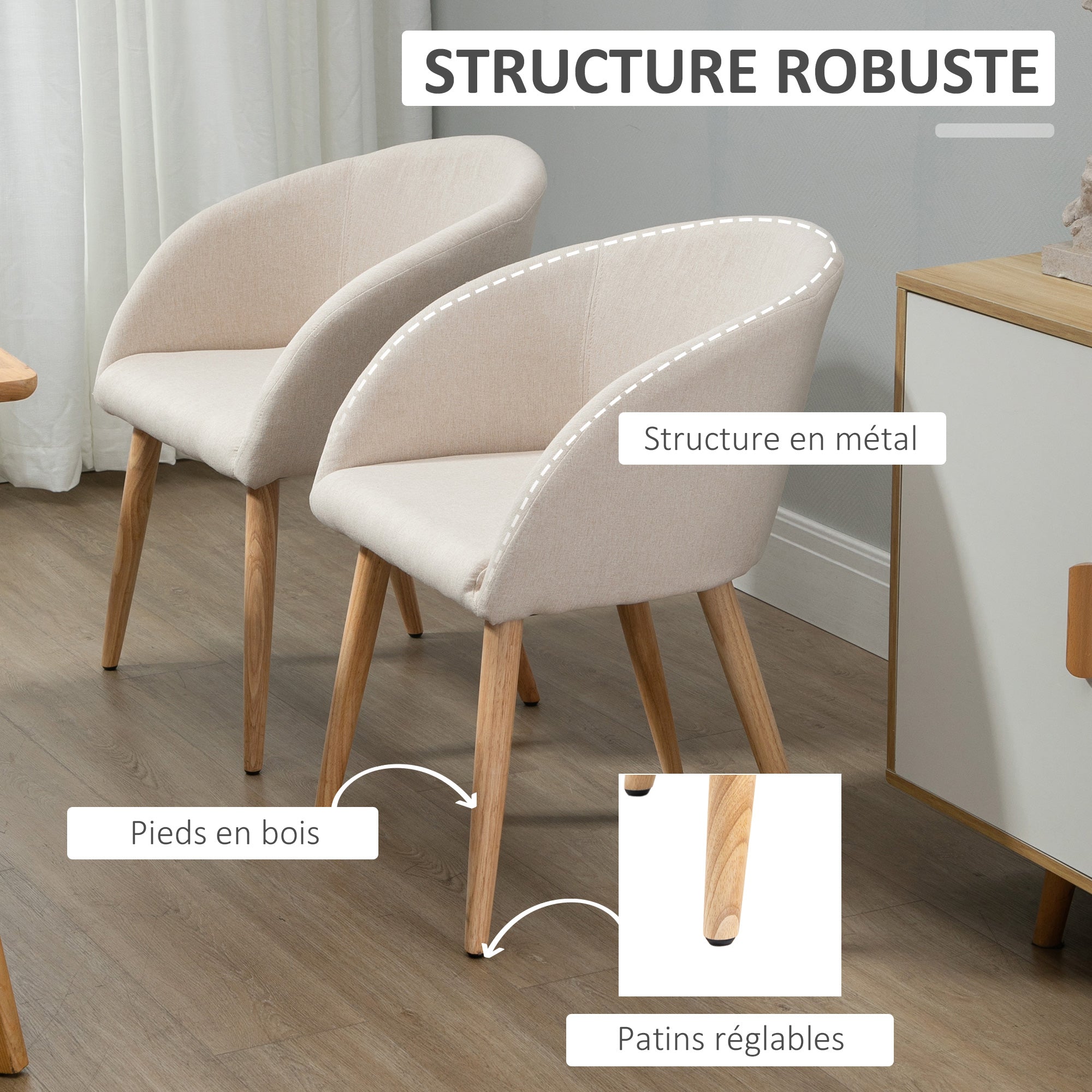 Lot de 2 chaises de salle à manger chaise de cuisine Design scandinave - Pieds inclinés effilés Bois Caoutchouc - Assise Dossier accoudoirs ergonomiques Aspect Lin Beige