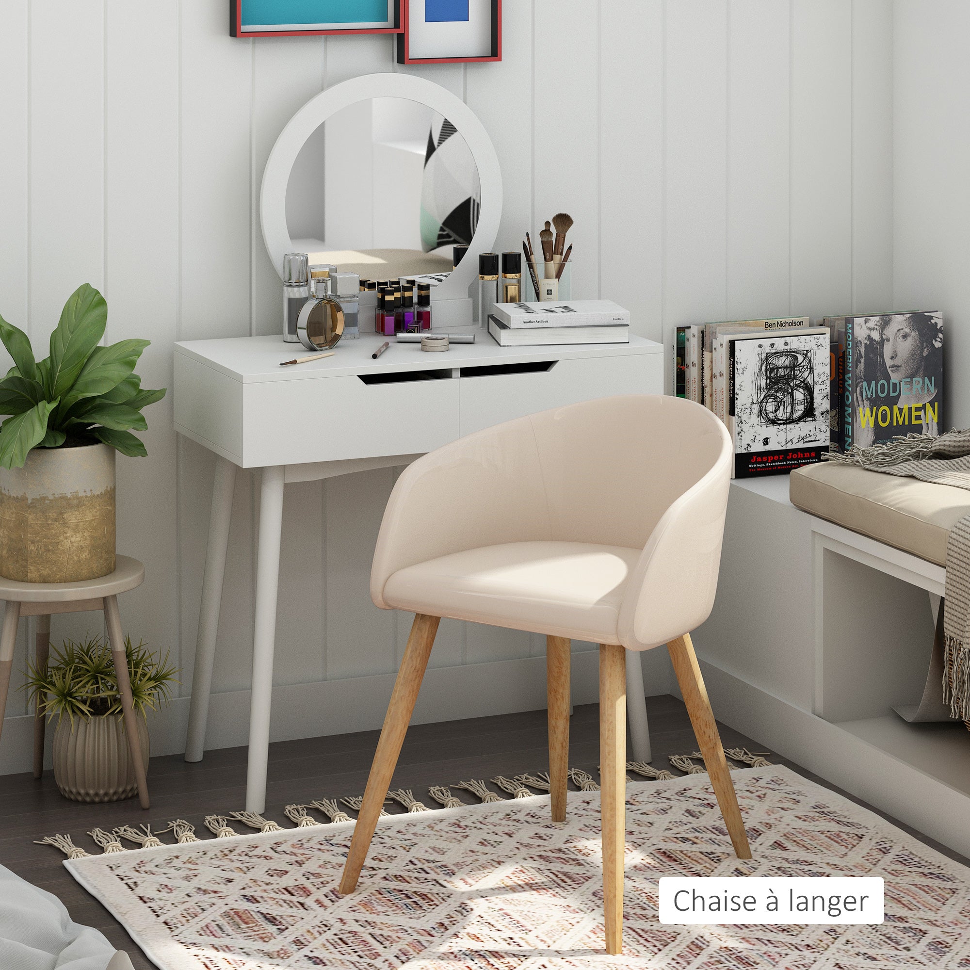 Lot de 2 chaises de salle à manger chaise de cuisine Design scandinave - Pieds inclinés effilés Bois Caoutchouc - Assise Dossier accoudoirs ergonomiques Aspect Lin Beige