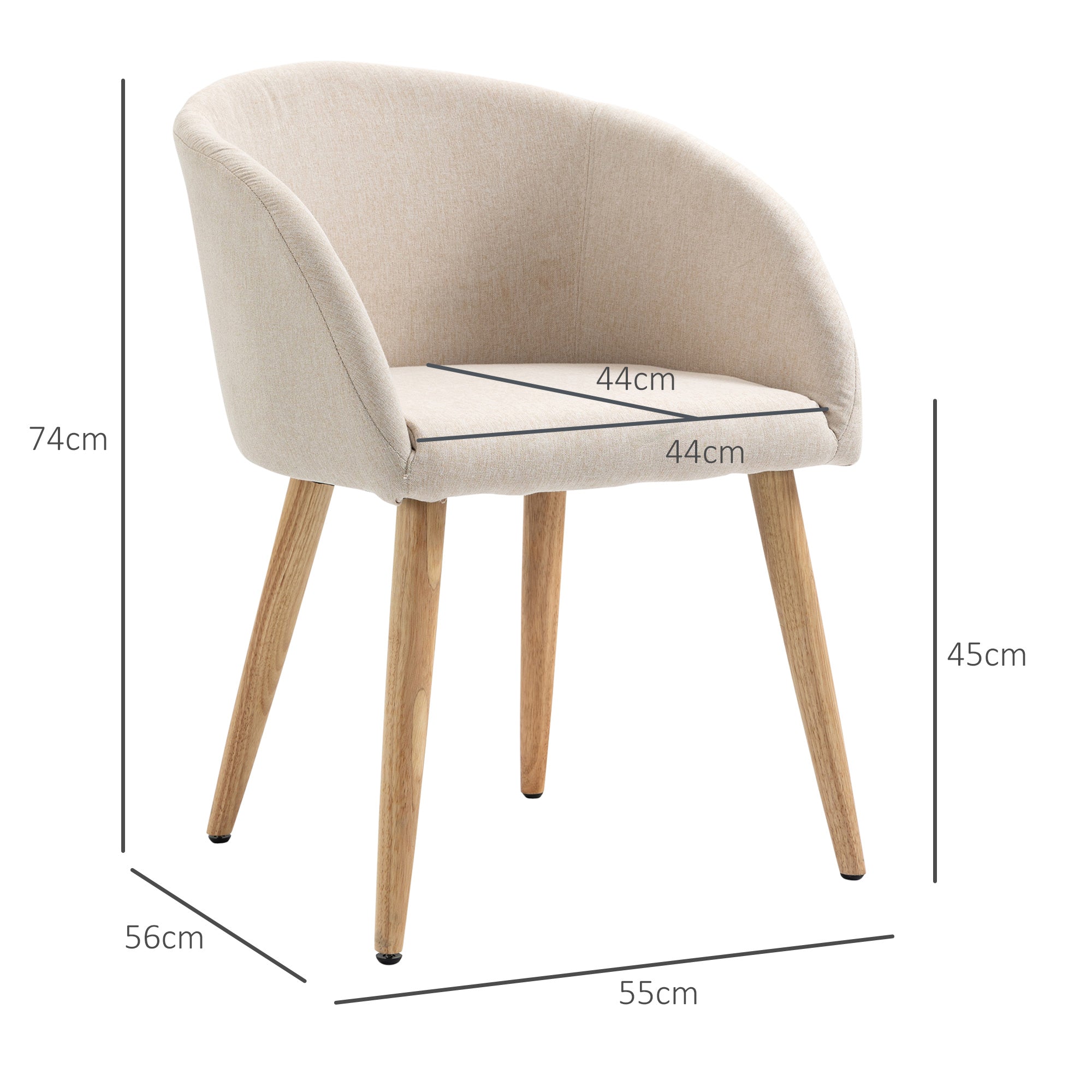 Lot de 2 chaises de salle à manger chaise de cuisine Design scandinave - Pieds inclinés effilés Bois Caoutchouc - Assise Dossier accoudoirs ergonomiques Aspect Lin Beige