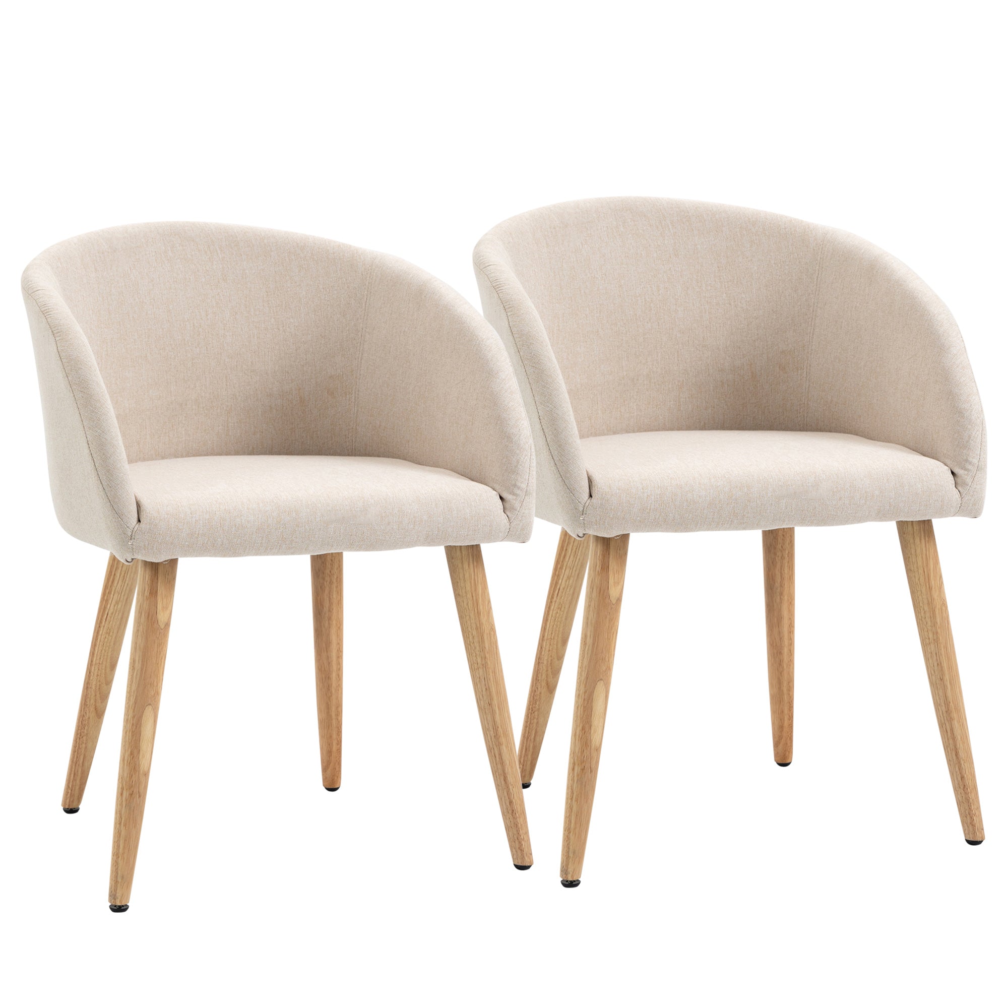 Lot de 2 chaises de salle à manger chaise de cuisine Design scandinave - Pieds inclinés effilés Bois Caoutchouc - Assise Dossier accoudoirs ergonomiques Aspect Lin Beige