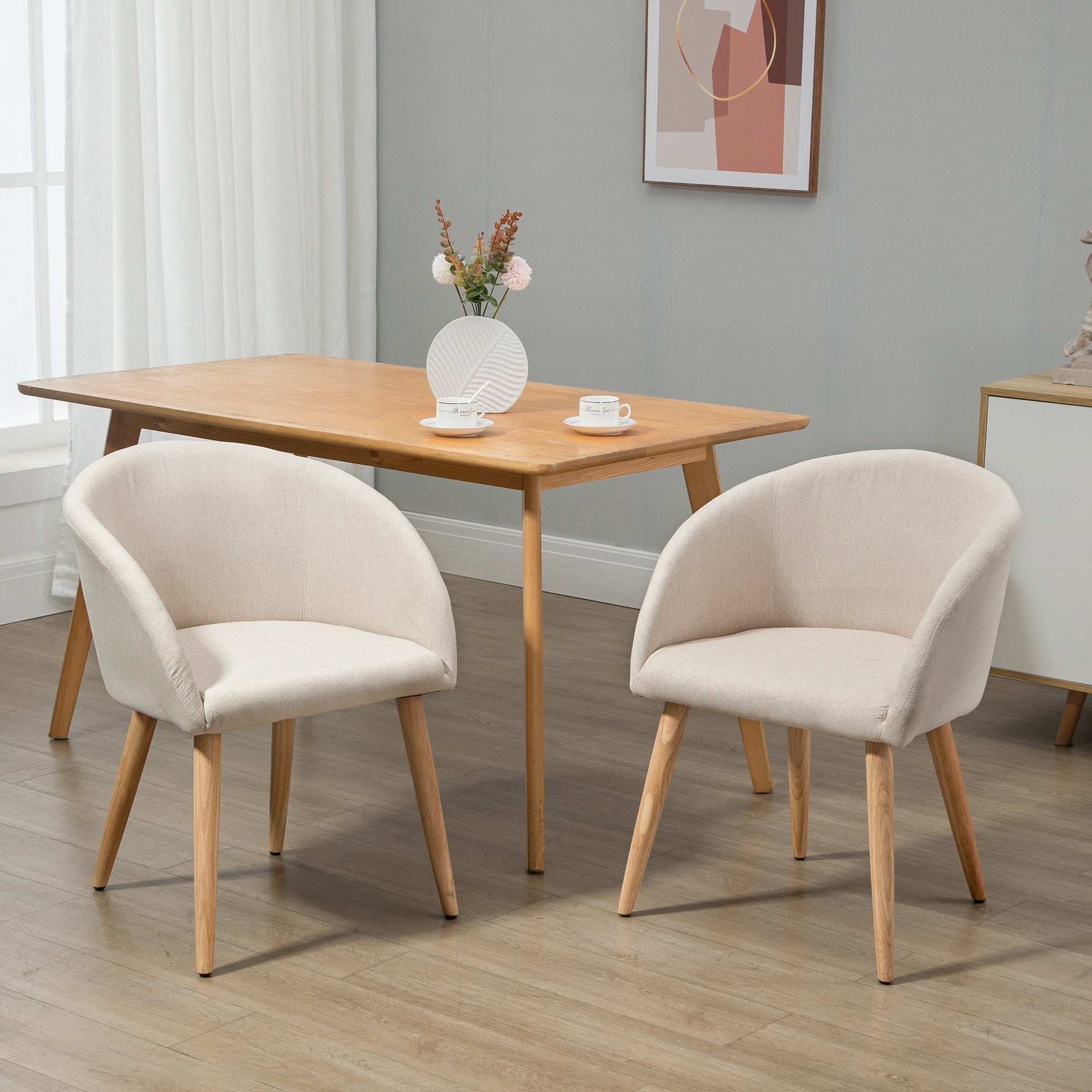 Lot de 2 chaises de salle à manger chaise de cuisine Design scandinave - Pieds inclinés effilés Bois Caoutchouc - Assise Dossier accoudoirs ergonomiques Aspect Lin Beige