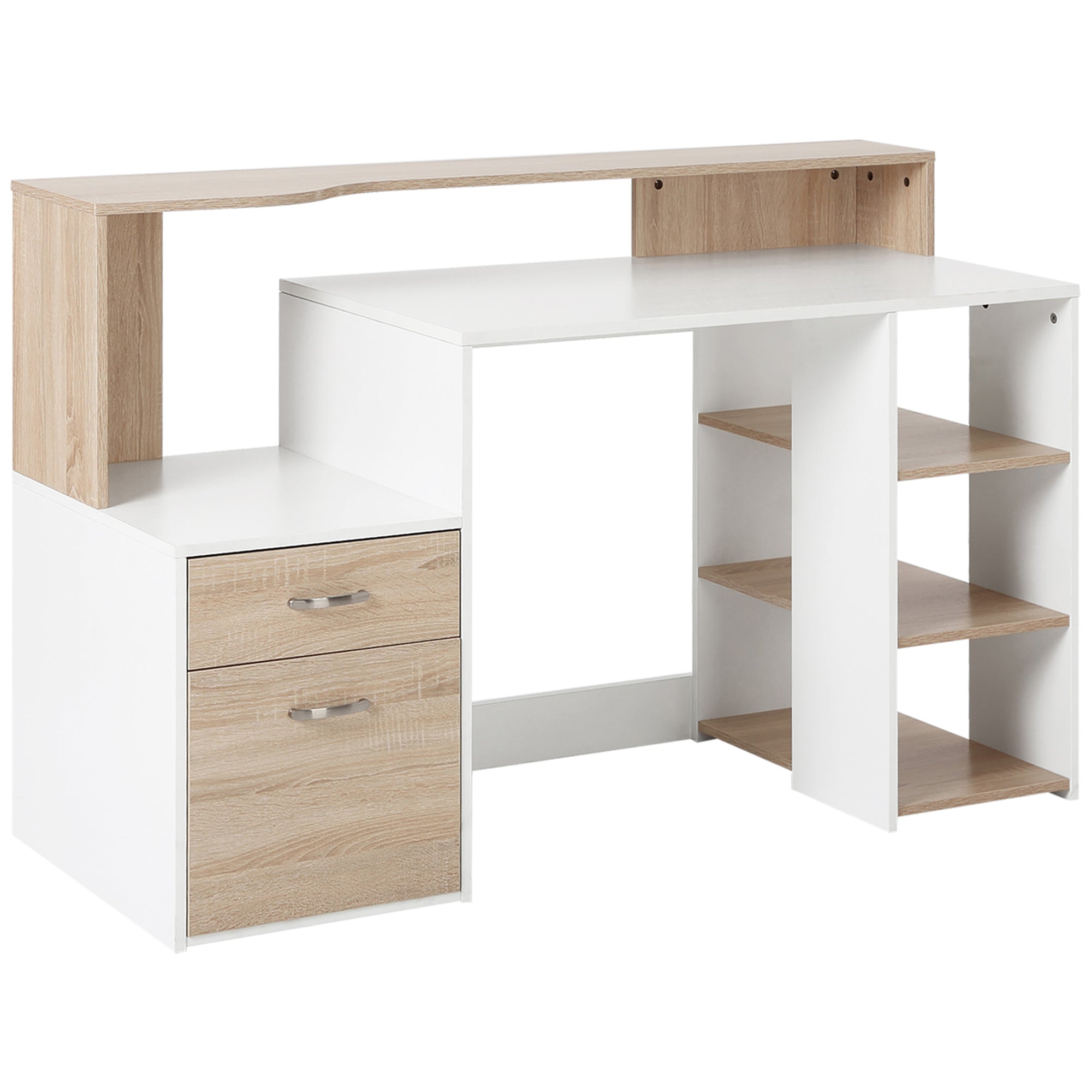 Bureau informatique avec 2 tiroirs, bureau avec rangement, 137 x 55 x 92 cm, étagères ouvertes et tablette d'imprimante, style moderne, table d'ordinateur pour chambre, studio, chêne