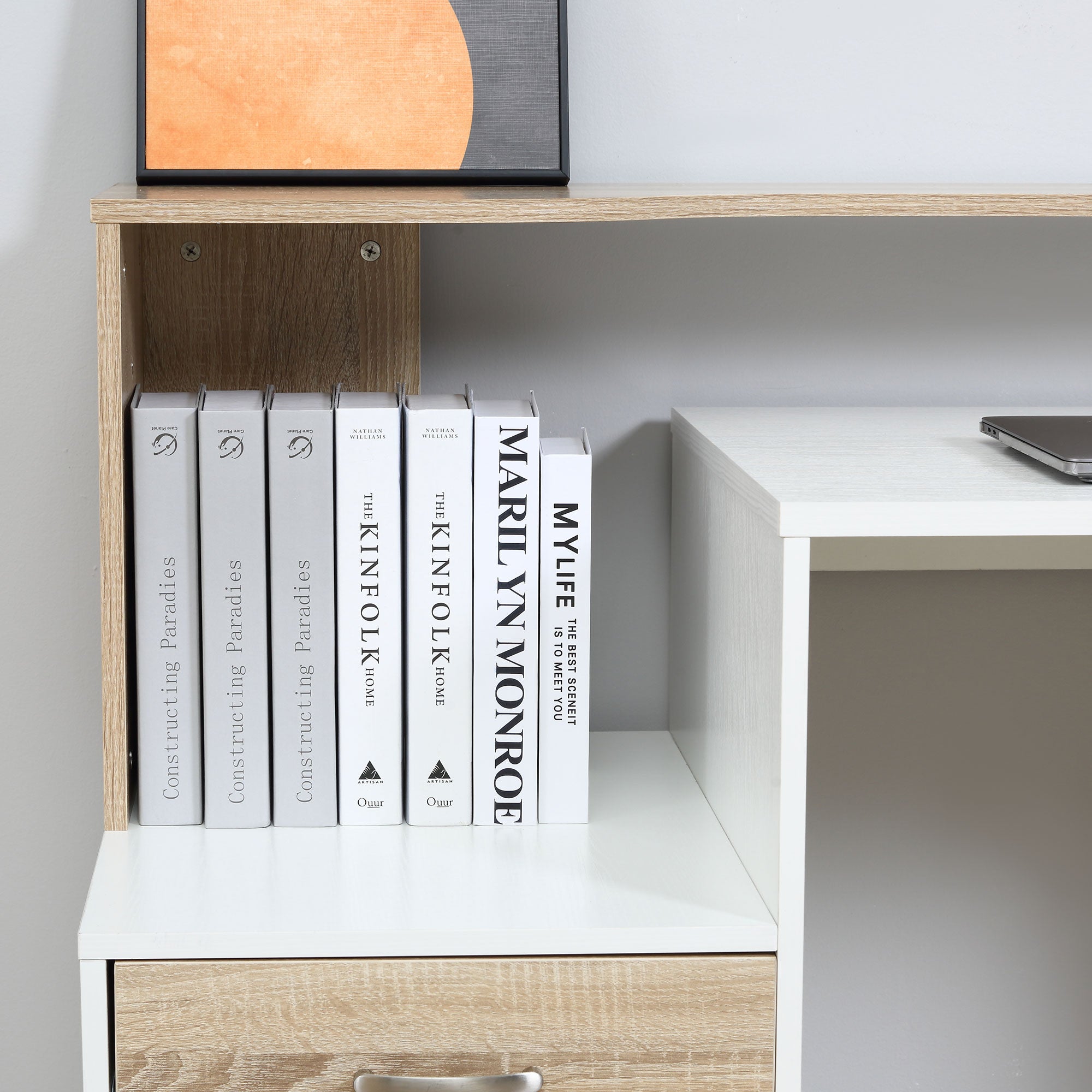 Bureau informatique avec 2 tiroirs, bureau avec rangement, 137 x 55 x 92 cm, étagères ouvertes et tablette d'imprimante, style moderne, table d'ordinateur pour chambre, studio, chêne