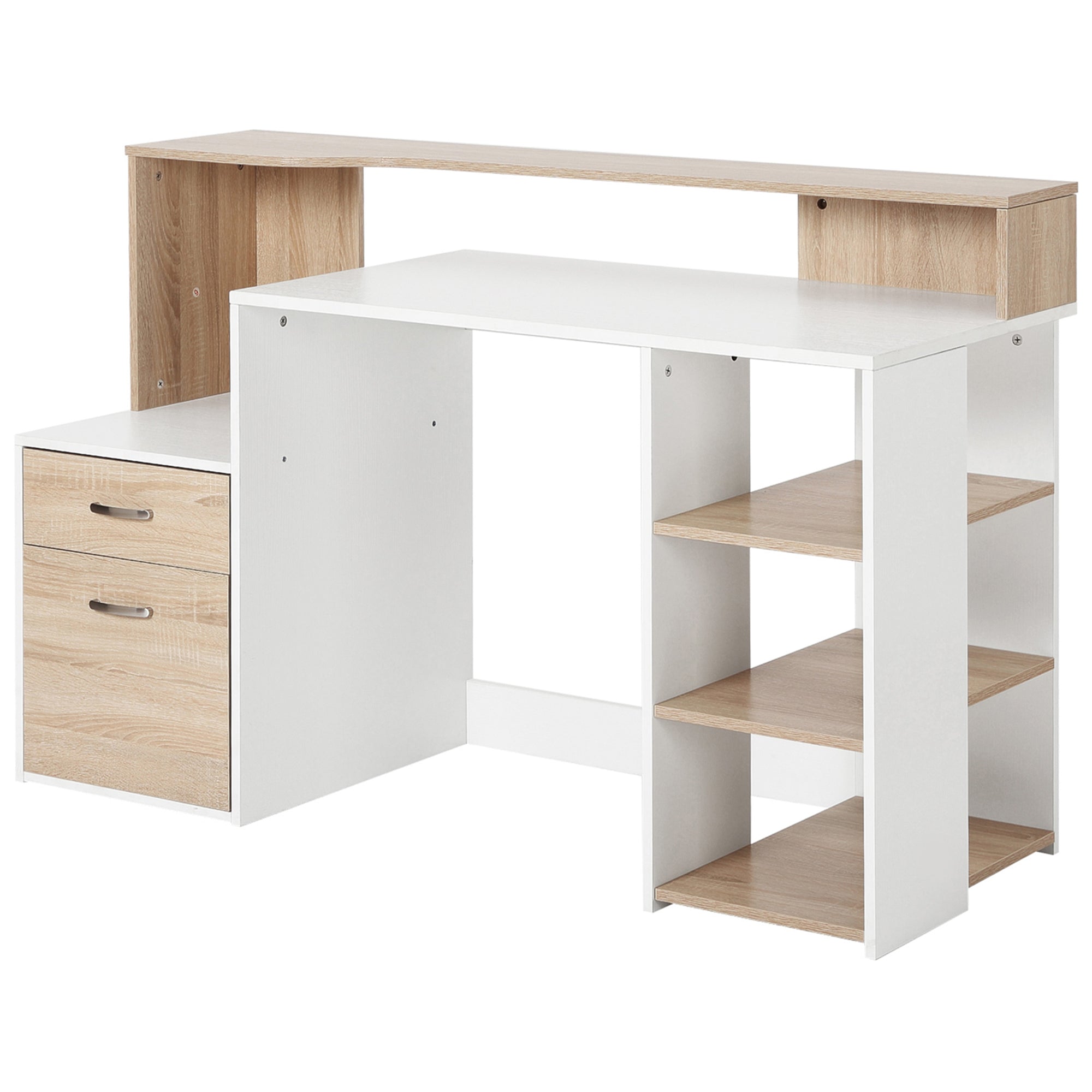 Bureau informatique avec 2 tiroirs, bureau avec rangement, 137 x 55 x 92 cm, étagères ouvertes et tablette d'imprimante, style moderne, table d'ordinateur pour chambre, studio, chêne