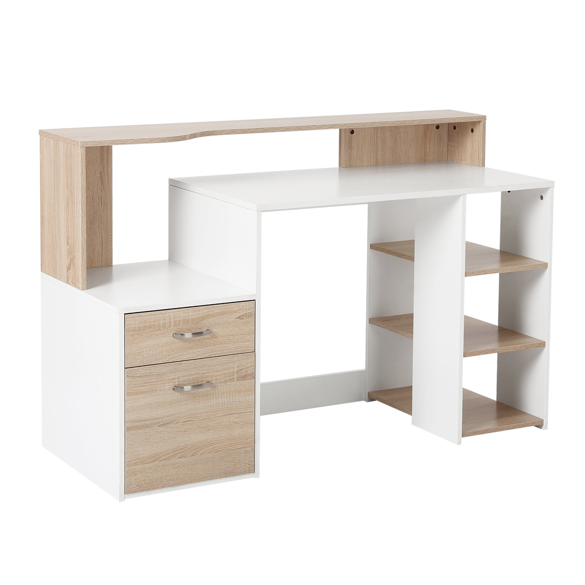 Bureau informatique avec 2 tiroirs, bureau avec rangement, 137 x 55 x 92 cm, étagères ouvertes et tablette d'imprimante, style moderne, table d'ordinateur pour chambre, studio, chêne