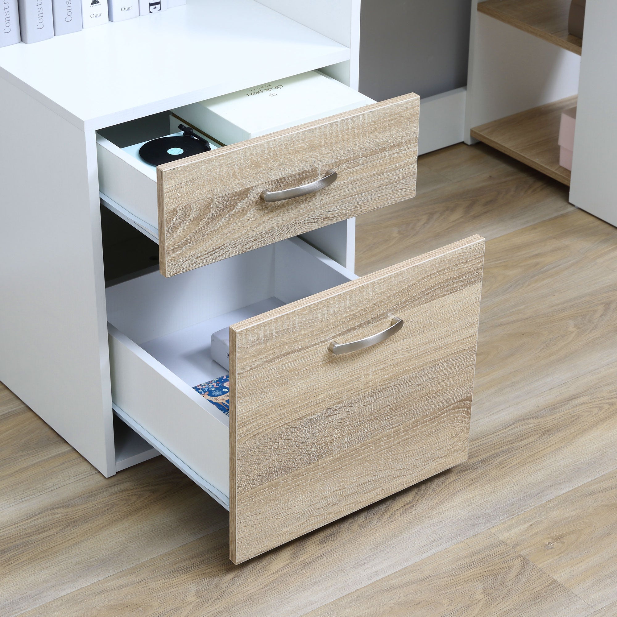 Bureau informatique avec 2 tiroirs, bureau avec rangement, 137 x 55 x 92 cm, étagères ouvertes et tablette d'imprimante, style moderne, table d'ordinateur pour chambre, studio, chêne