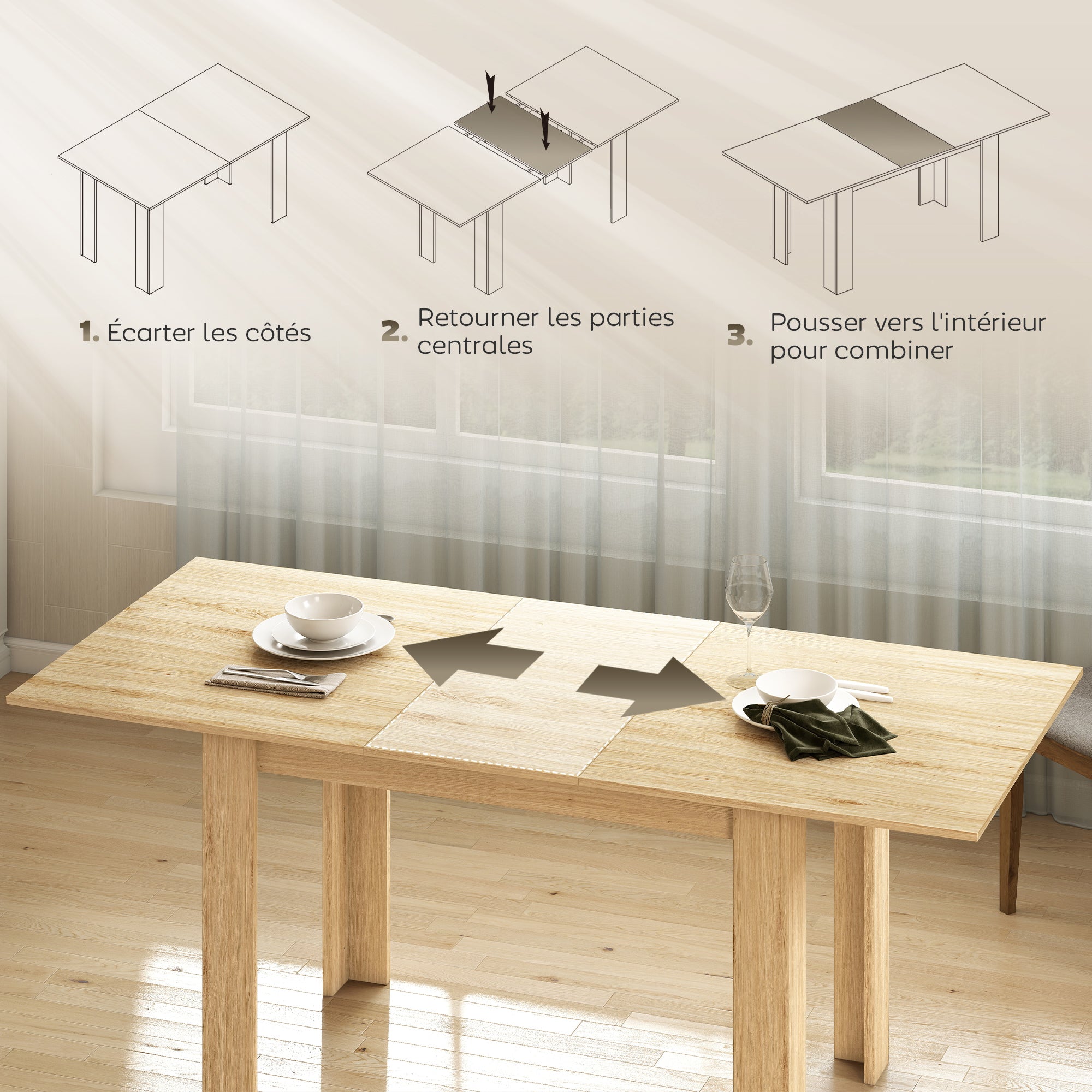 Table à manger extensible, table de cuisine rectangulaire, pour 6-8 personnes, pour petits espaces, design moderne, 140-180 x 80 cm, effet bois naturel