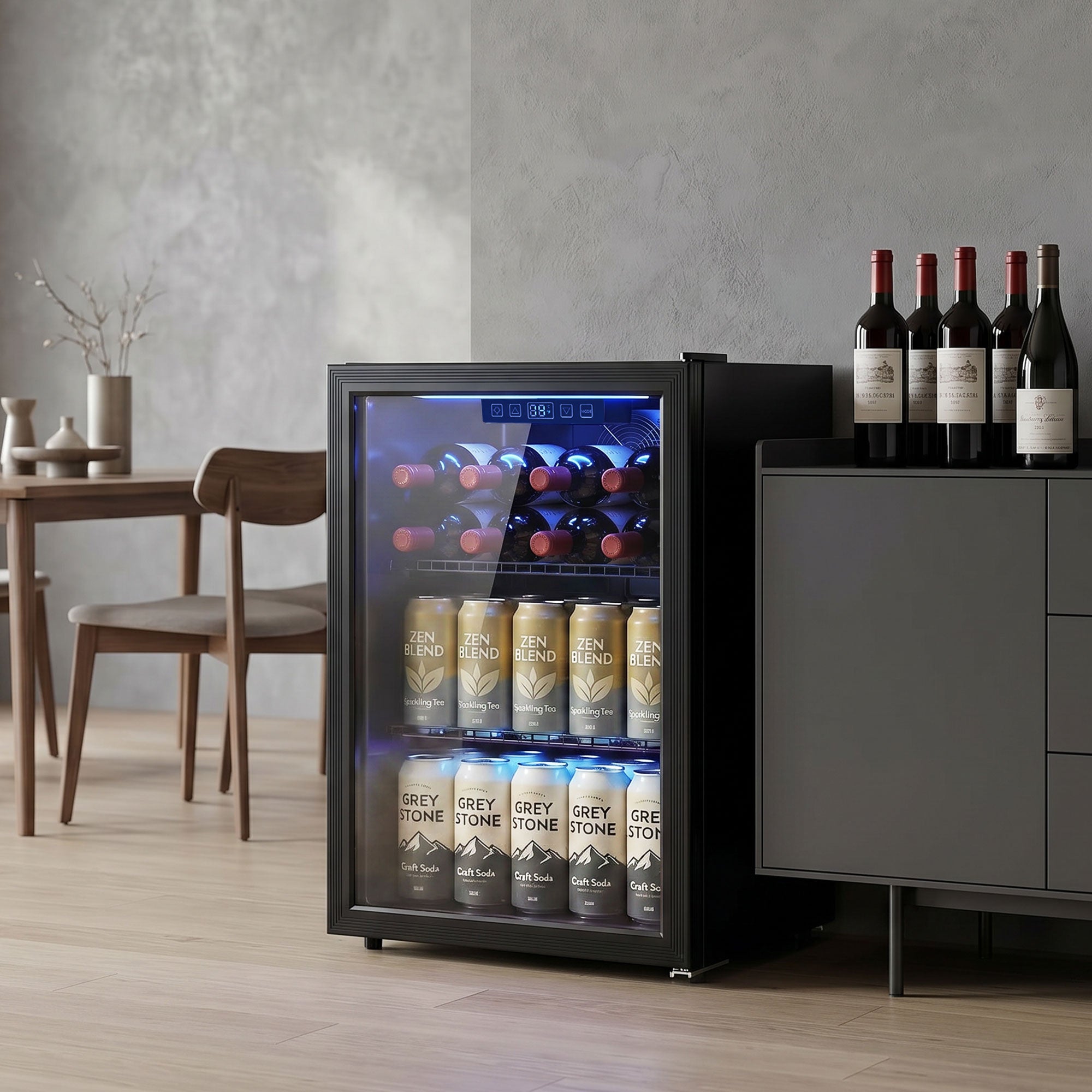 Réfrigérateur à Boissons 70L et 70 Canettes, Petit Frigo Silencieux en Pose Libre, Porte en Verre Trempé Double, Étagères Réglables, Éclairage LED, pour Soda Bière Vin dans Chambre Bureau, Noir