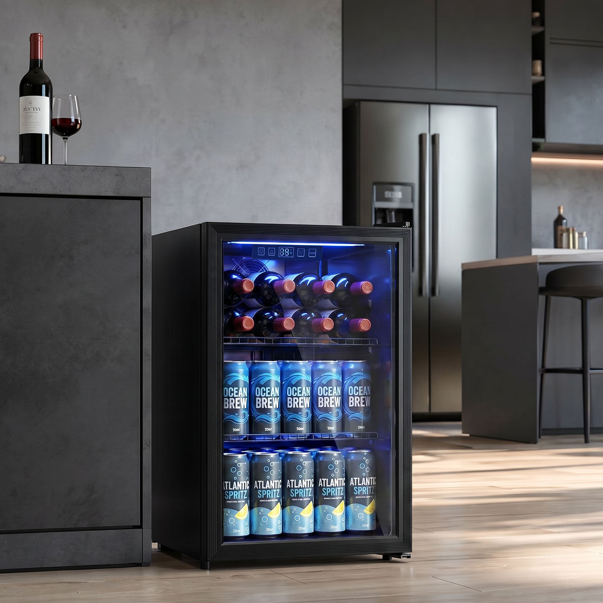 Réfrigérateur à Boissons 70L et 70 Canettes, Petit Frigo Silencieux en Pose Libre, Porte en Verre Trempé Double, Étagères Réglables, Éclairage LED, pour Soda Bière Vin dans Chambre Bureau, Noir
