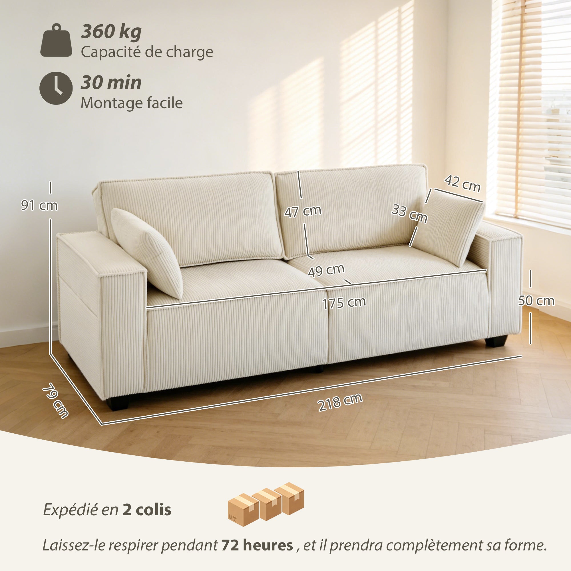 Canapé 3 places en velours côtelé 218 cm, canapé salon moderne, large assise rembourrée, coussins à ressorts, accoudoirs extra-larges, 2 coussins, poche latérale, pour salon, chambre, beige