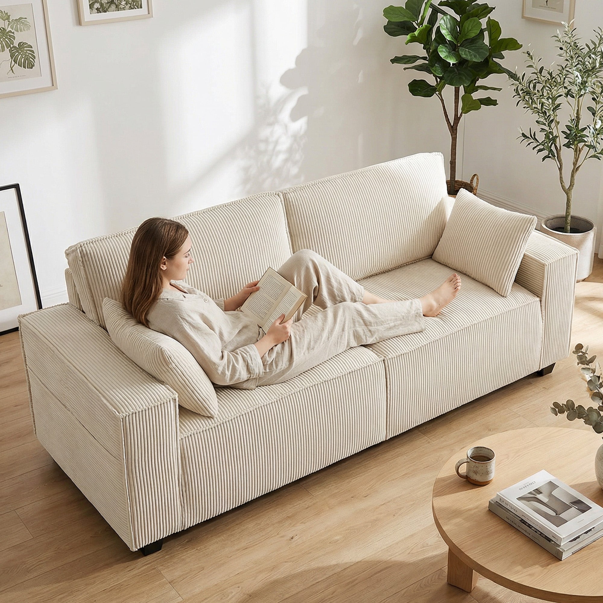 Canapé 3 places en velours côtelé 218 cm, canapé salon moderne, large assise rembourrée, coussins à ressorts, accoudoirs extra-larges, 2 coussins, poche latérale, pour salon, chambre, beige