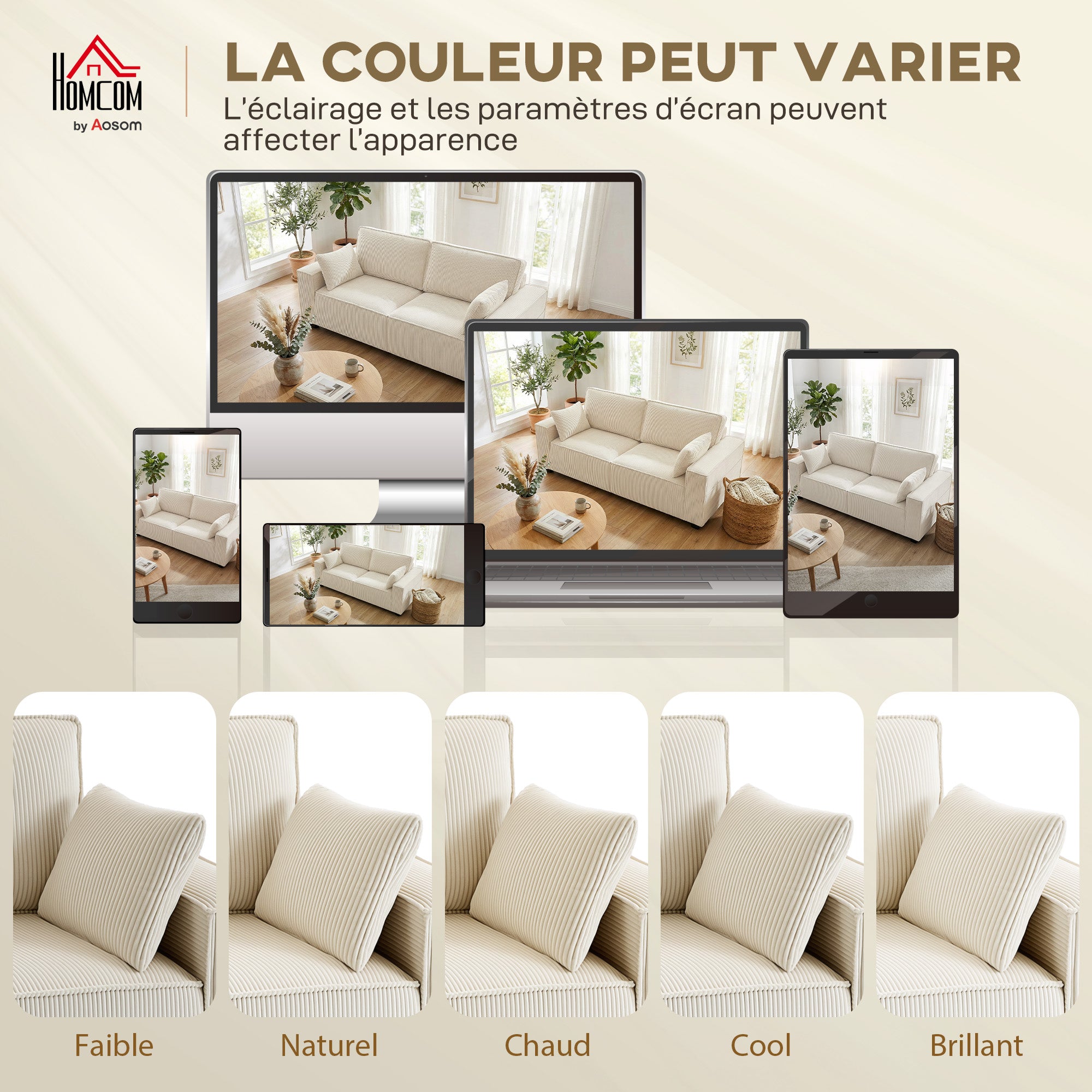 Canapé 3 places en velours côtelé 218 cm, canapé salon moderne, large assise rembourrée, coussins à ressorts, accoudoirs extra-larges, 2 coussins, poche latérale, pour salon, chambre, beige
