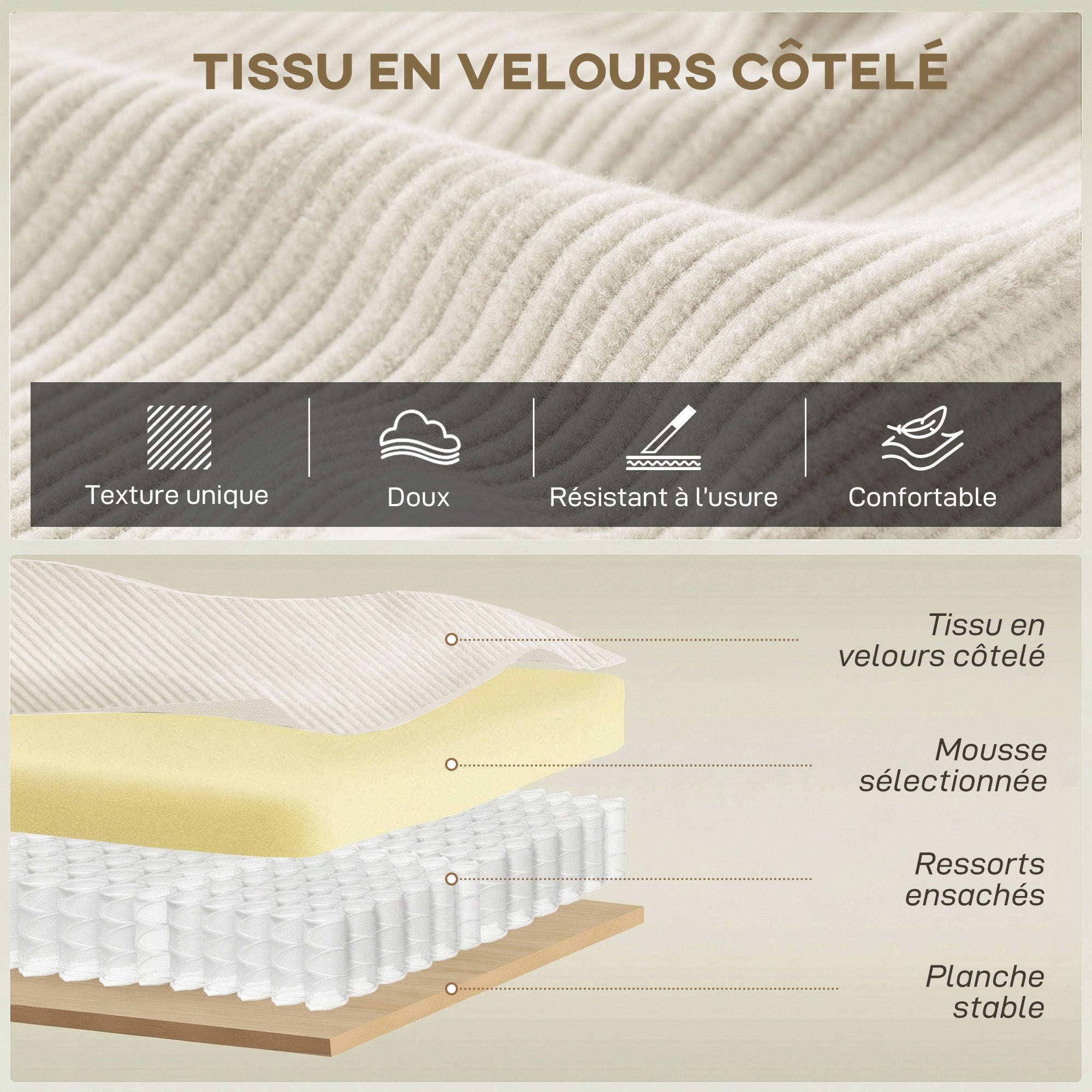 Canapé 3 places en velours côtelé 218 cm, canapé salon moderne, large assise rembourrée, coussins à ressorts, accoudoirs extra-larges, 2 coussins, poche latérale, pour salon, chambre, beige