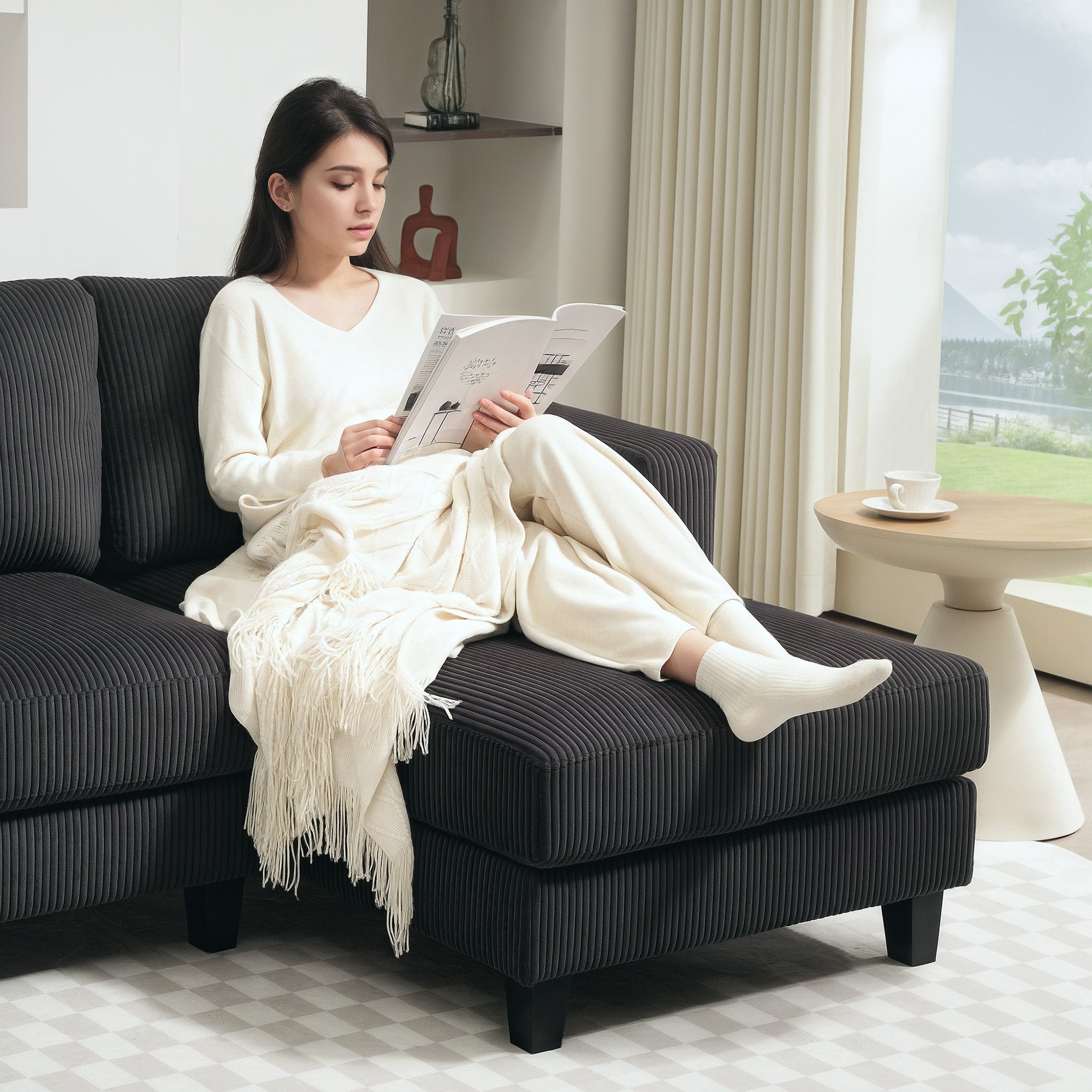 Canapé d'angle en velours côtelé, canapé 3 places avec méridienne et coussin à ressorts épais, largeur 214 cm, design moderne, charge jusqu'à 400 Kg, pour salon, appartement, gris foncé