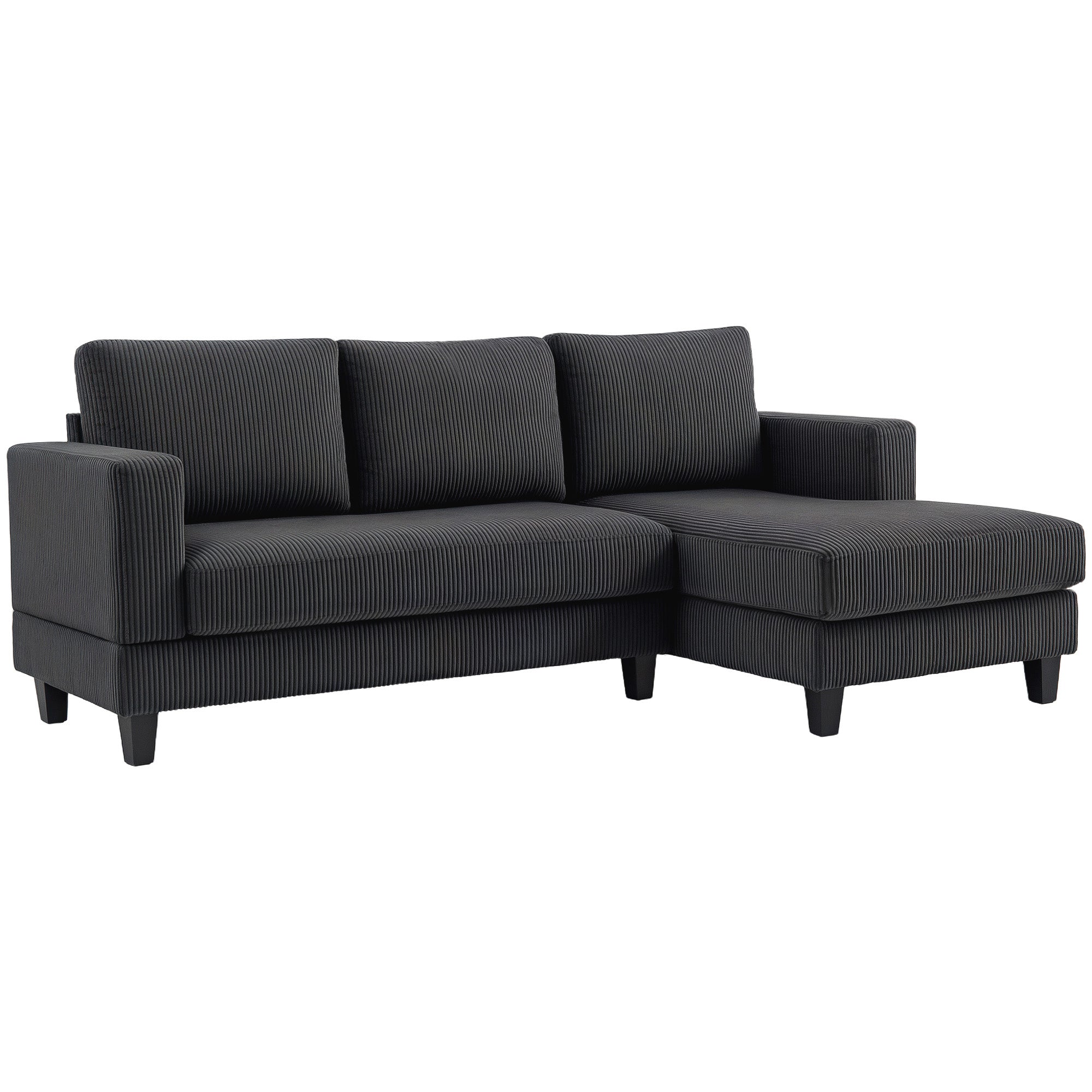 Canapé d'angle en velours côtelé, canapé 3 places avec méridienne et coussin à ressorts épais, largeur 214 cm, design moderne, charge jusqu'à 400 Kg, pour salon, appartement, gris foncé
