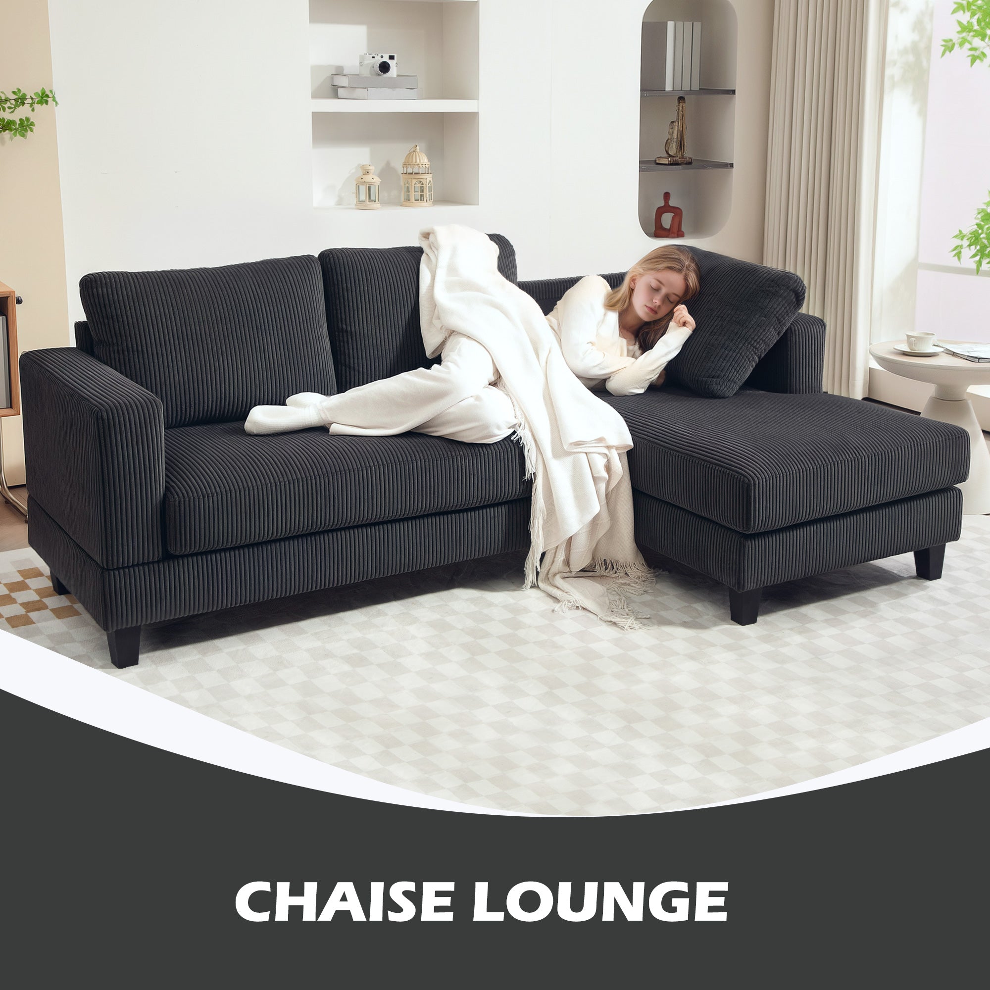 Canapé d'angle en velours côtelé, canapé 3 places avec méridienne et coussin à ressorts épais, largeur 214 cm, design moderne, charge jusqu'à 400 Kg, pour salon, appartement, gris foncé