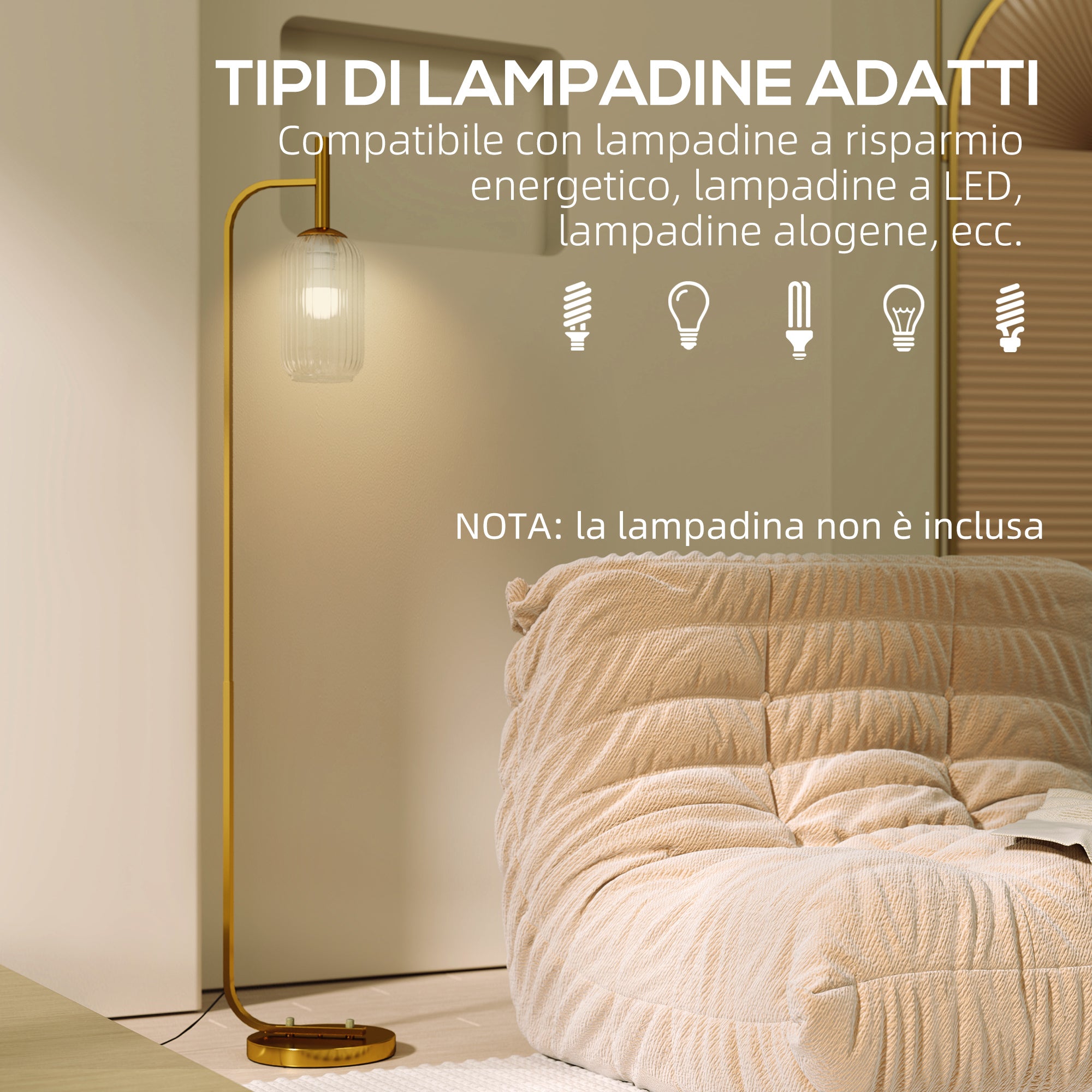 Lampada sur Socle Moderne avec Abat-Jour en Verre, Lampadaire avec Interrupteur à Pied pour Ampoules E27 LED, pour Salon, Chambre à Coucher et Bureau, 153cm, Or