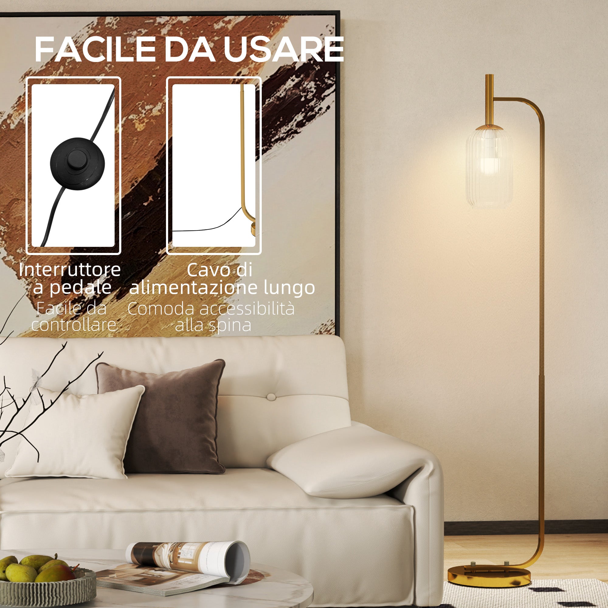 Lampada sur Socle Moderne avec Abat-Jour en Verre, Lampadaire avec Interrupteur à Pied pour Ampoules E27 LED, pour Salon, Chambre à Coucher et Bureau, 153cm, Or