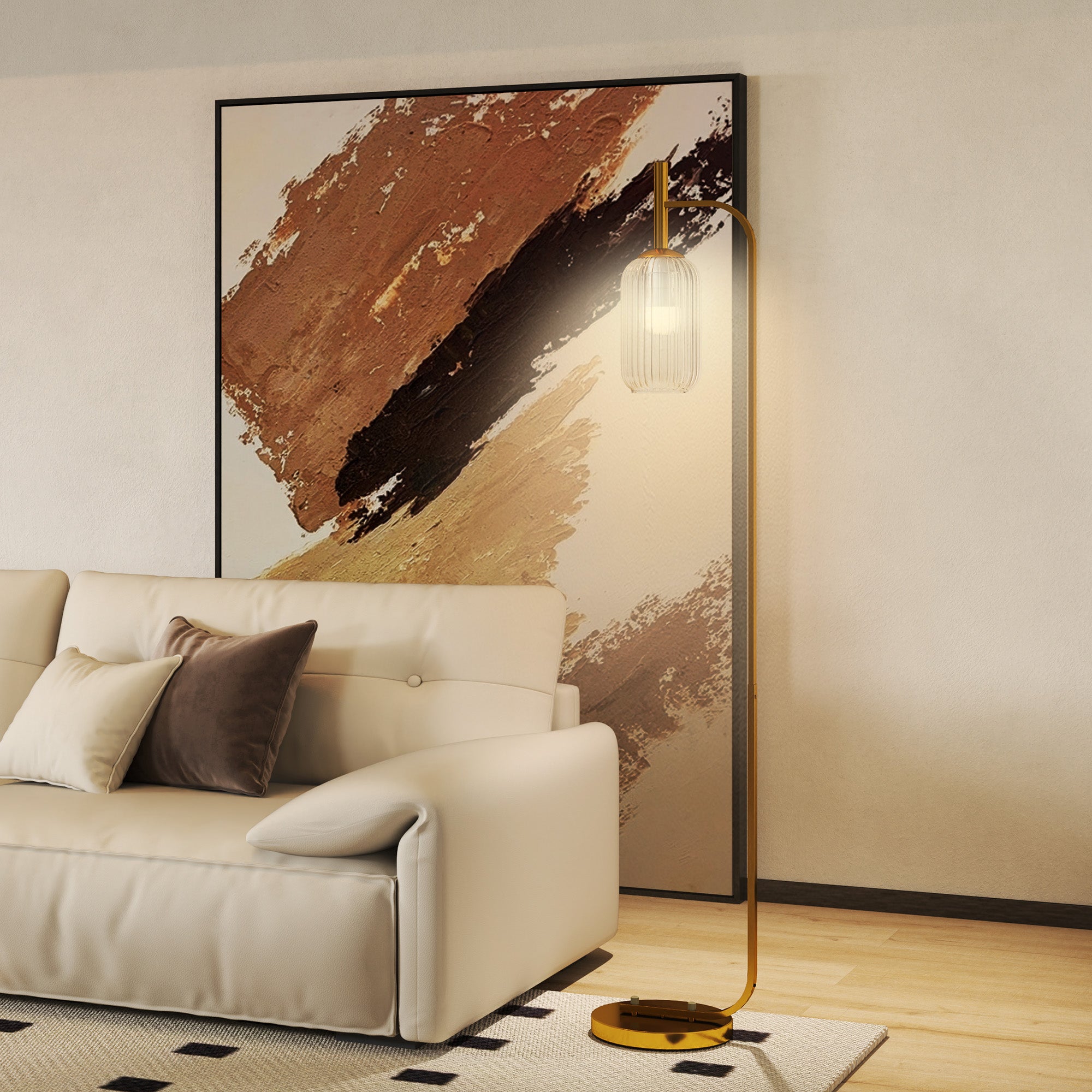 Lampada sur Socle Moderne avec Abat-Jour en Verre, Lampadaire avec Interrupteur à Pied pour Ampoules E27 LED, pour Salon, Chambre à Coucher et Bureau, 153cm, Or