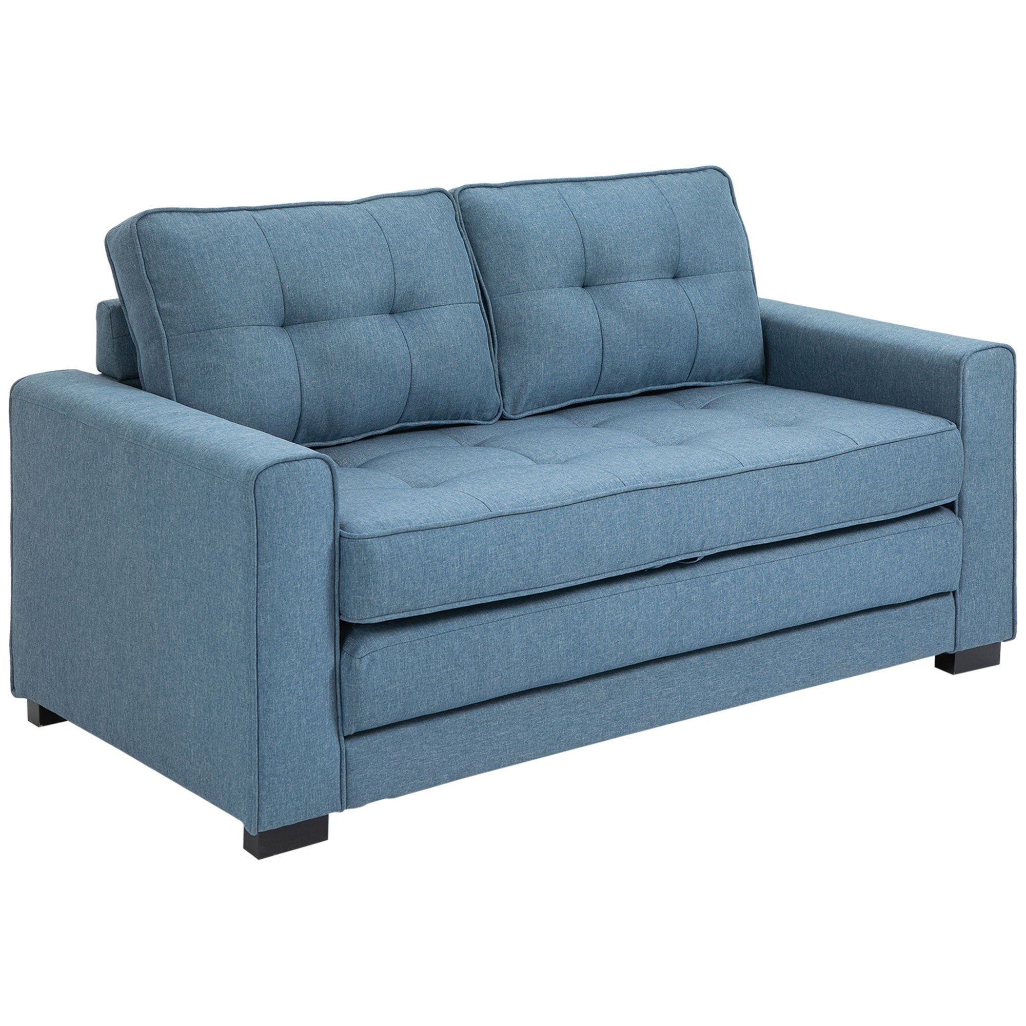 Canapé convertible 2 places canapé-lit avec dossier capitonné, coussins et matelas pliable au sol, canapé en tissu effet lin pour salon, chambre d'amis, 147,5 x 75 x 85 cm, bleu
