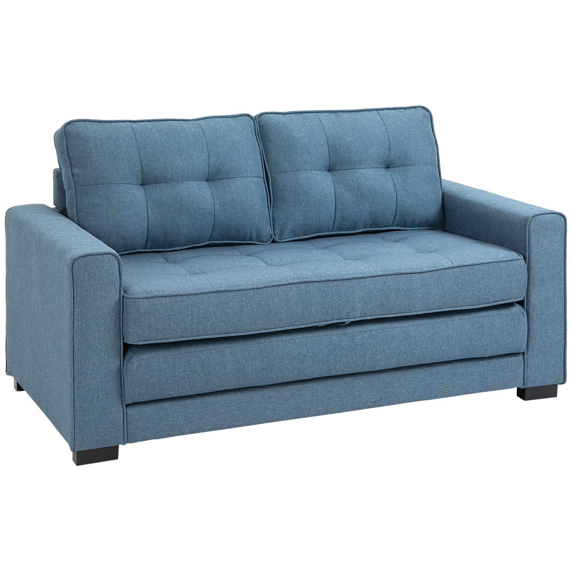 Canapé convertible 2 places canapé-lit avec dossier capitonné, coussins et matelas pliable au sol, canapé en tissu effet lin pour salon, chambre d'amis, 147,5 x 75 x 85 cm, bleu