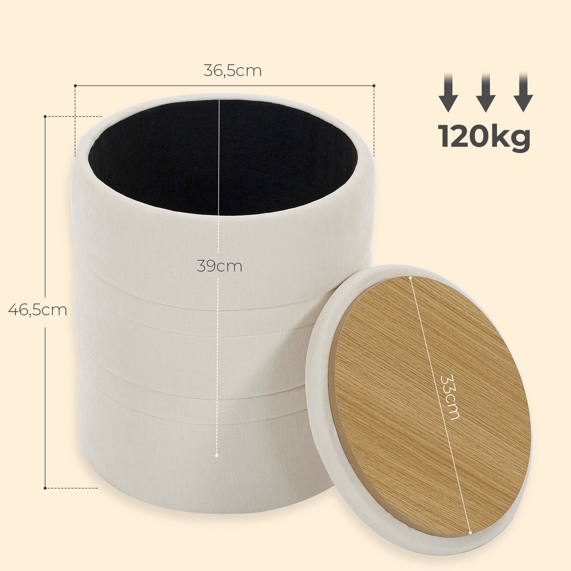 Pouf coffre rangement, tabouret rond avec couvercle, pouf repose-pieds en chenille, pour la chambre à coucher, entrée, salon, charge 120 Kg, Ø 36,5 x 46,5 cm, beige