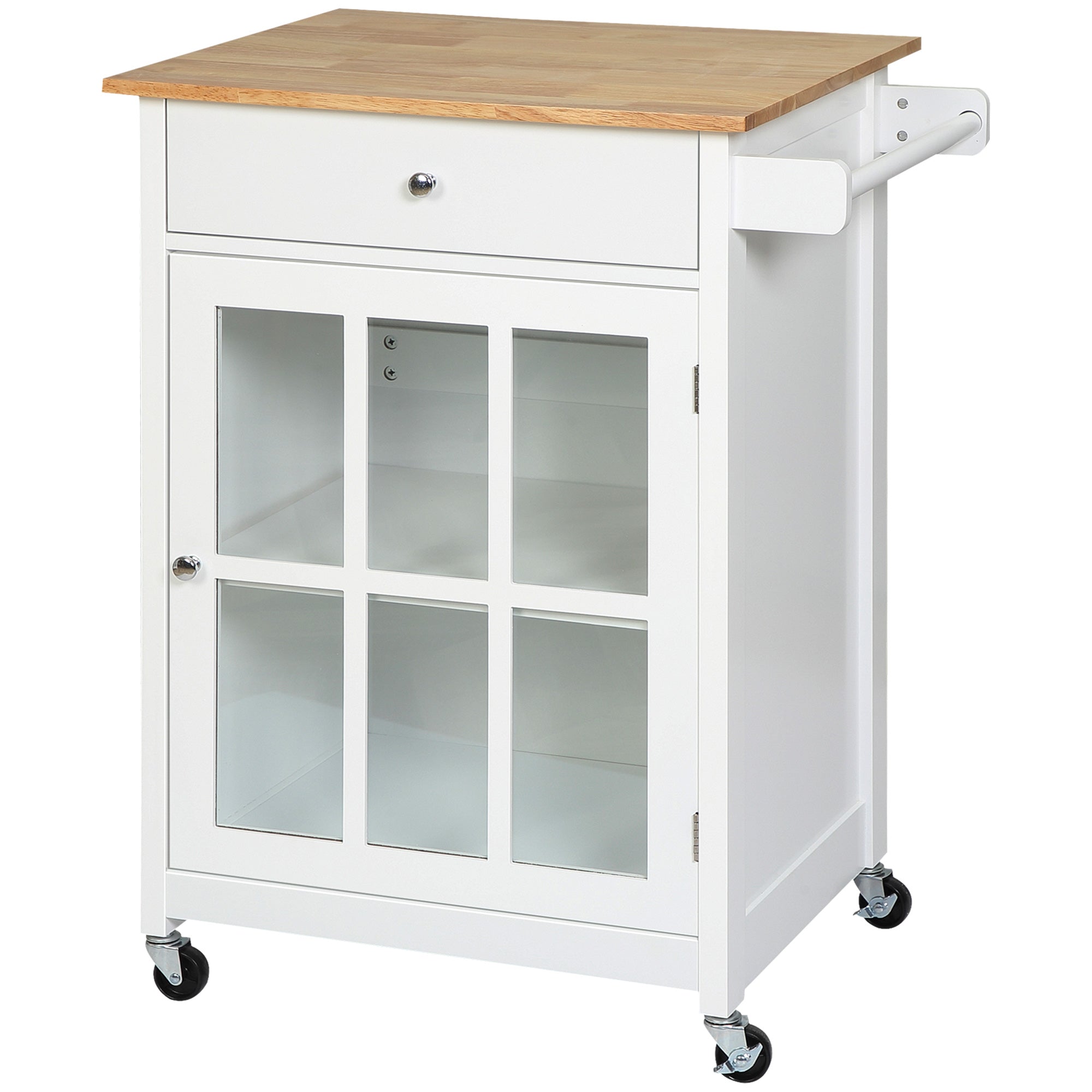 Desserte de cuisine à roulettes multi-rangement - placard porte vitrée avec étagère réglable, tiroir, porte-torchon - blanc aspect chêne clair