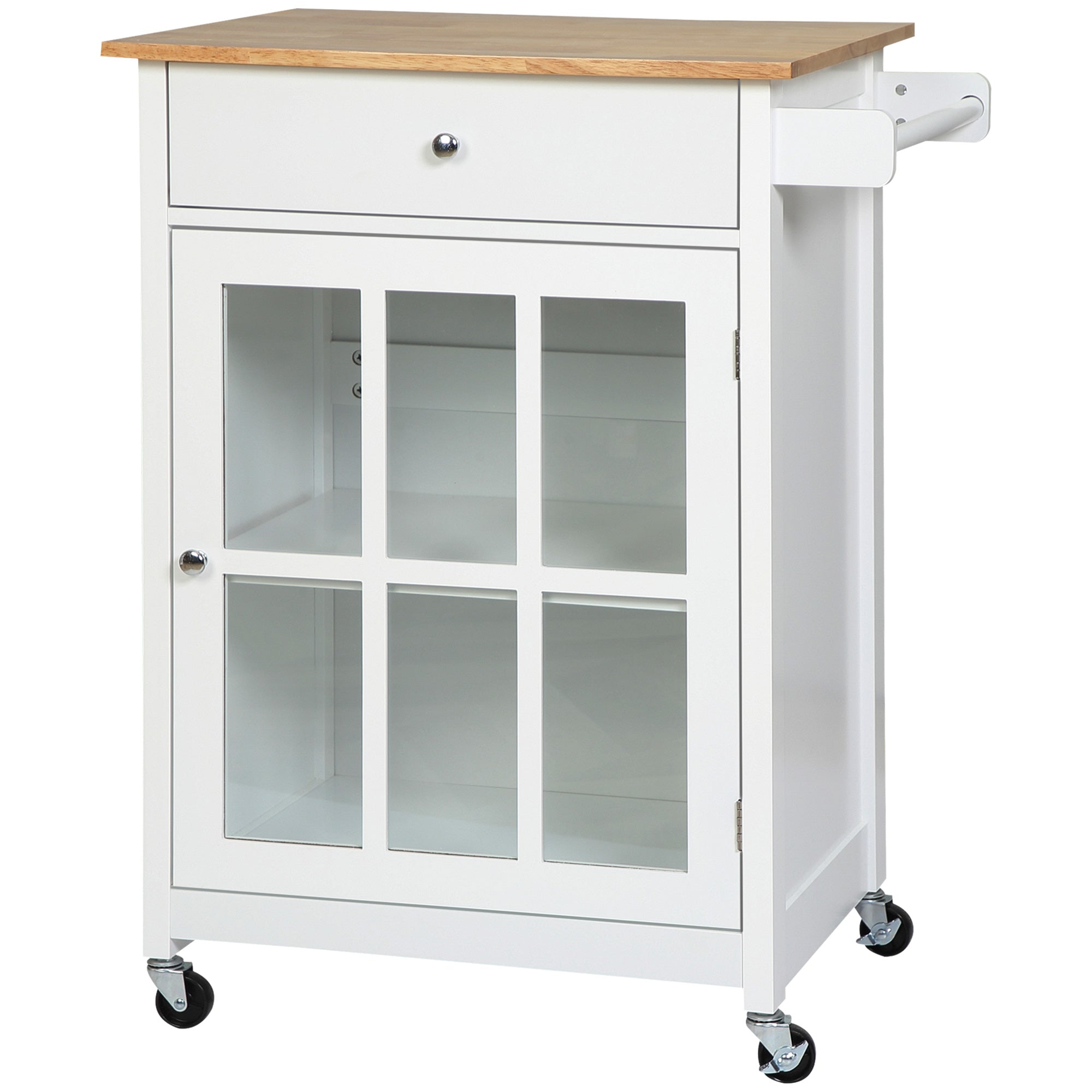 Desserte de cuisine à roulettes multi-rangement - placard porte vitrée avec étagère réglable, tiroir, porte-torchon - blanc aspect chêne clair