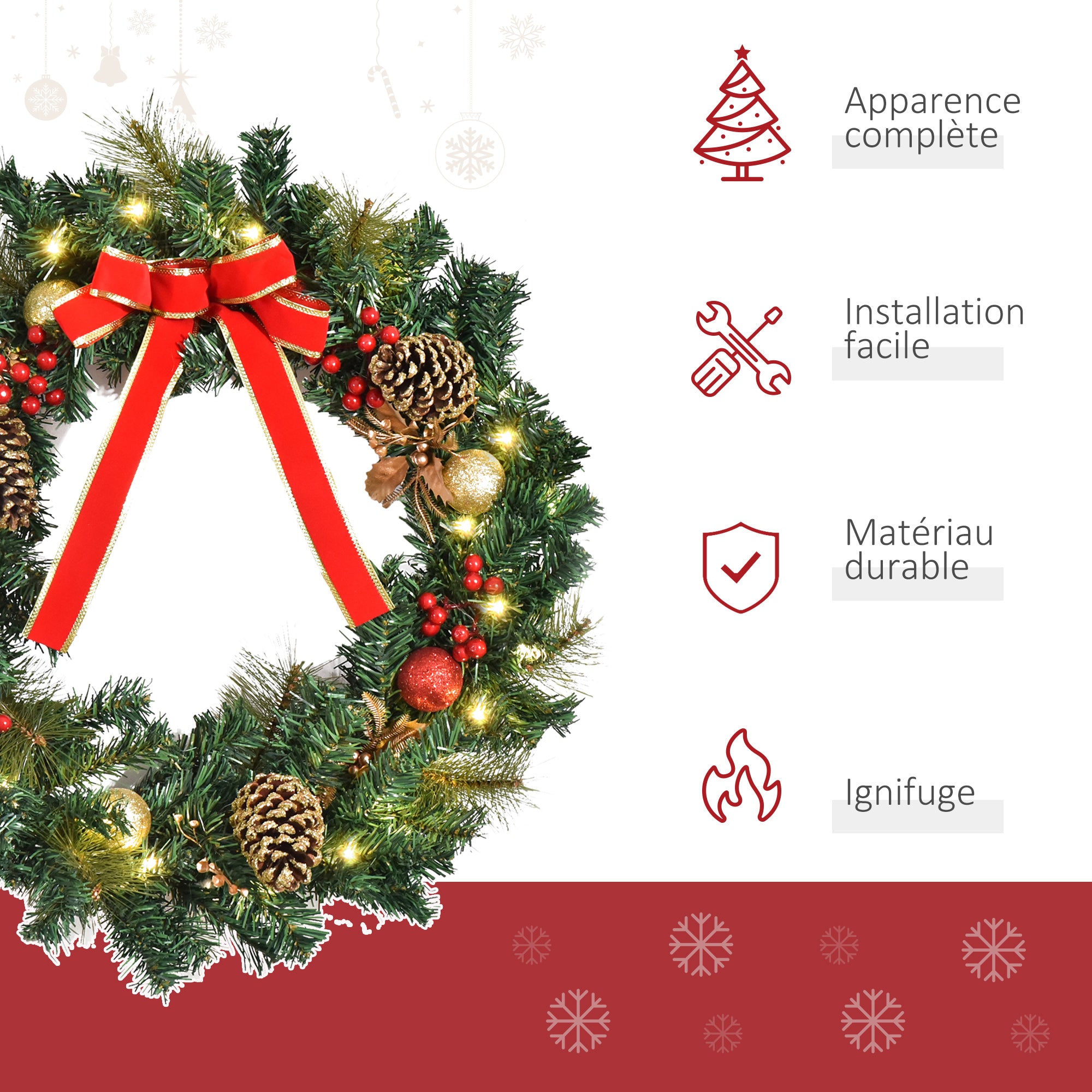 Couronne de Noël artificielle lumineuse avec 20 LED de 60 cm - décorée de houx et de pommes de pin