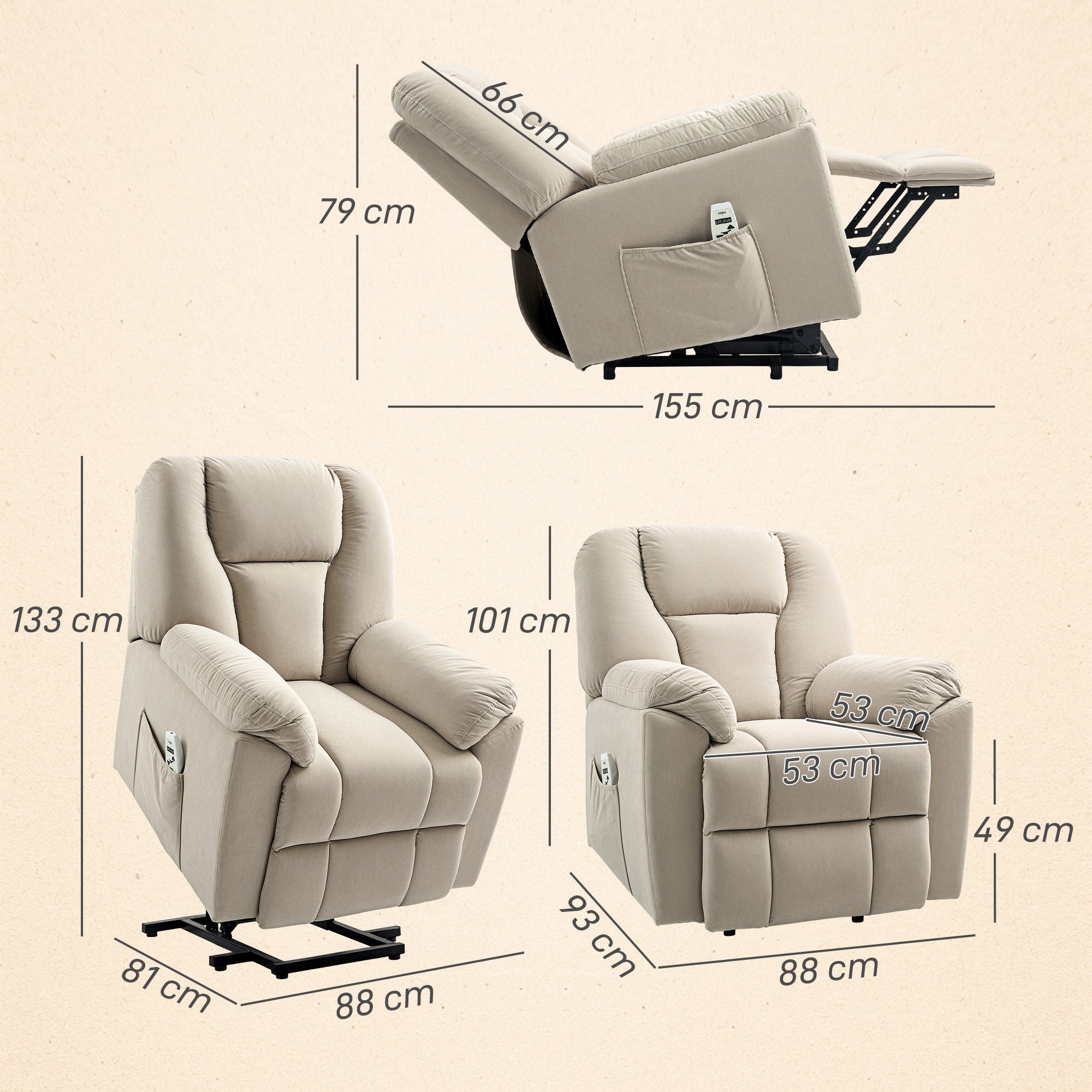 Fauteuil releveur électrique avec fonction massage et chauffage, fauteuil relax électrique avec dossier inclinable, ports USB, télécommande, fauteuil relaxant pour personnes âgées, beige