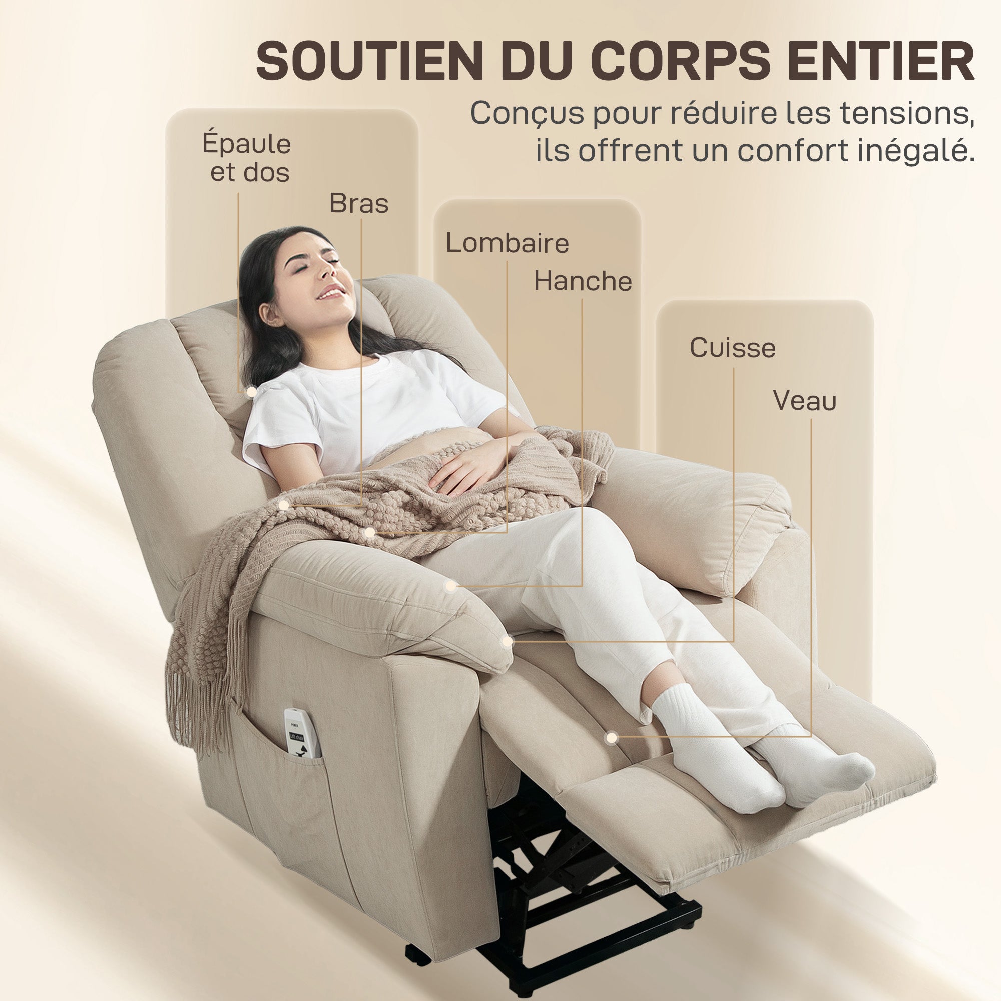 Fauteuil releveur électrique avec fonction massage et chauffage, fauteuil relax électrique avec dossier inclinable, ports USB, télécommande, fauteuil relaxant pour personnes âgées, beige