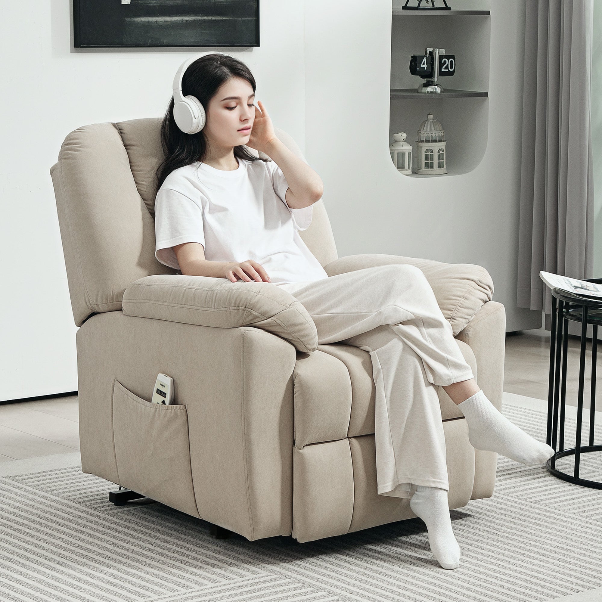 Fauteuil releveur électrique avec fonction massage et chauffage, fauteuil relax électrique avec dossier inclinable, ports USB, télécommande, fauteuil relaxant pour personnes âgées, beige