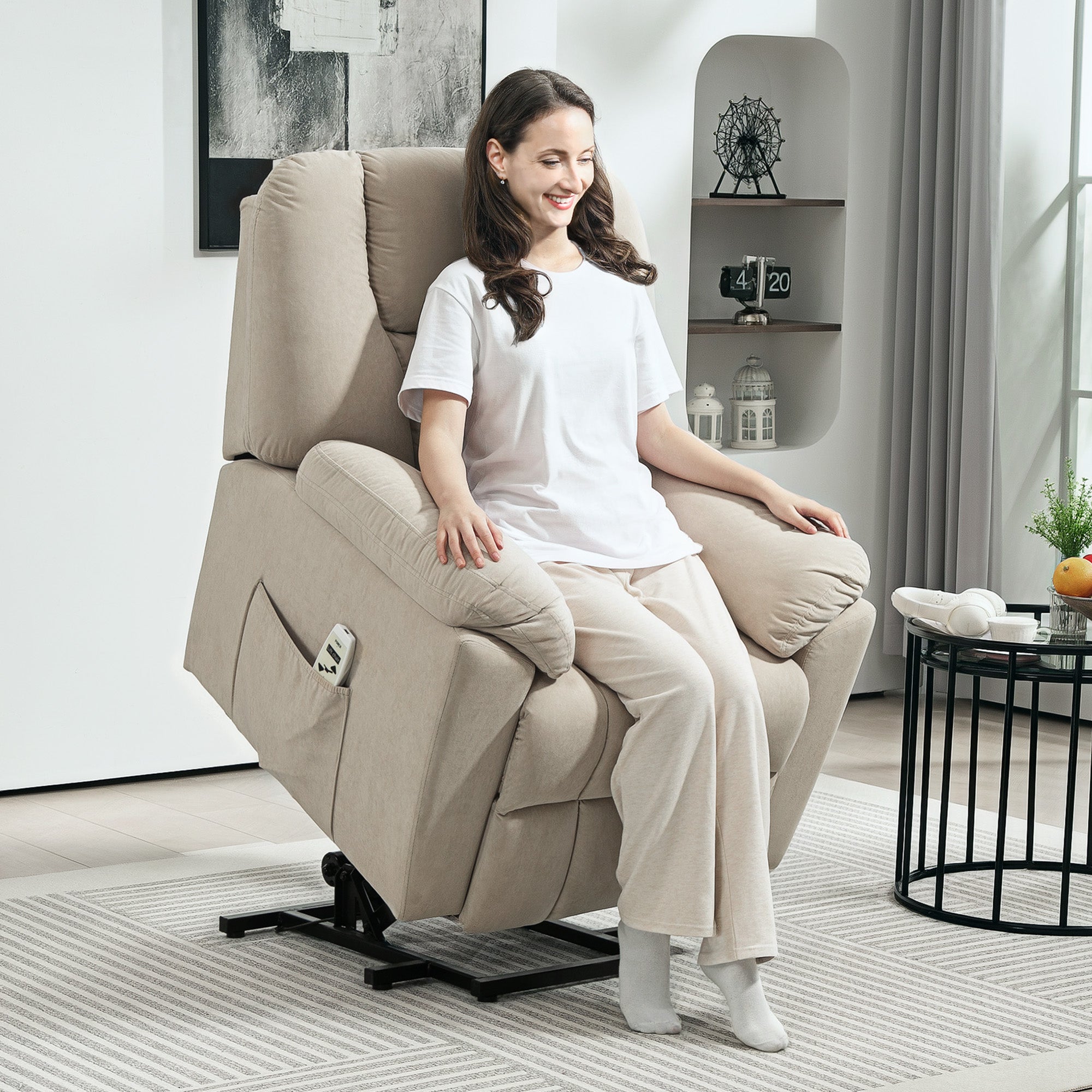 Fauteuil releveur électrique avec fonction massage et chauffage, fauteuil relax électrique avec dossier inclinable, ports USB, télécommande, fauteuil relaxant pour personnes âgées, beige