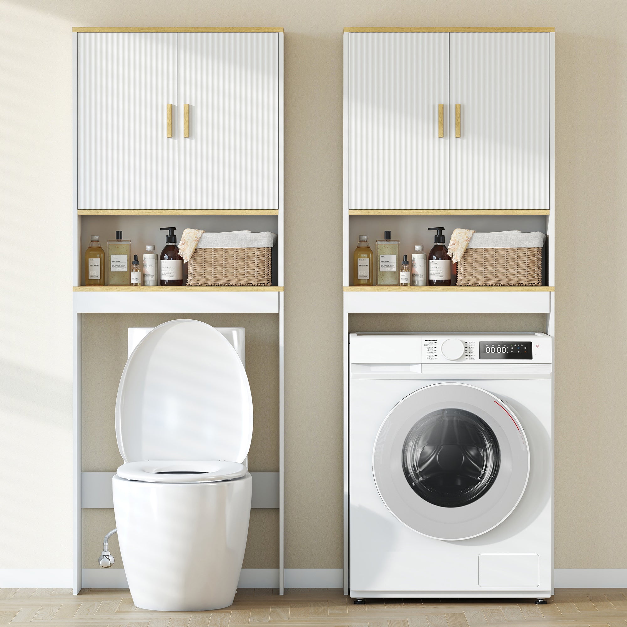 Meuble WC rangement au-dessus des toilettes à 3 niveaux, étagère de toilettes avec étagères réglables, meuble de salle de bain, 64 x 20 x 170,5 cm, blanc et chêne